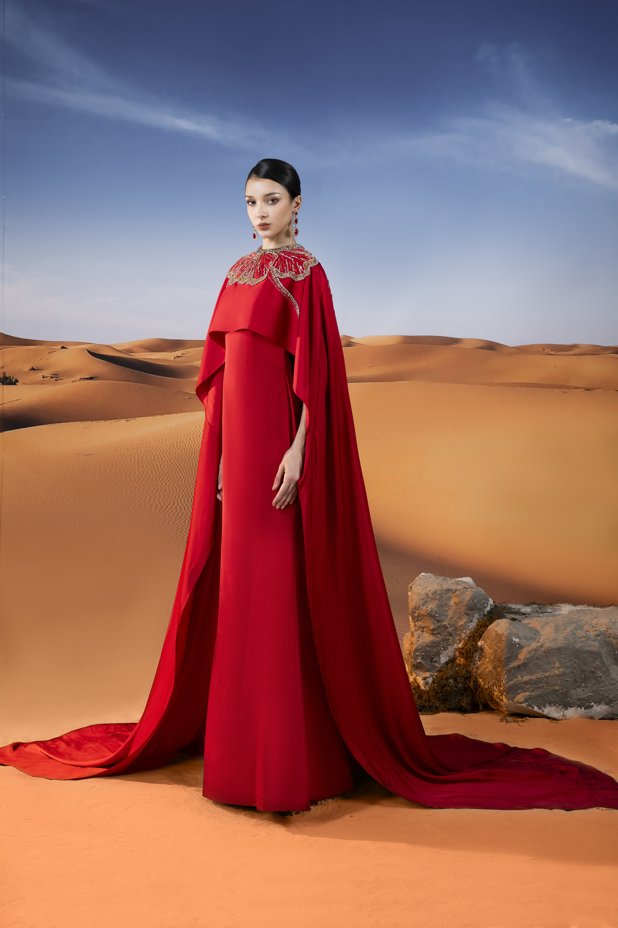 Embellished Cape Red Column Maxi Gown