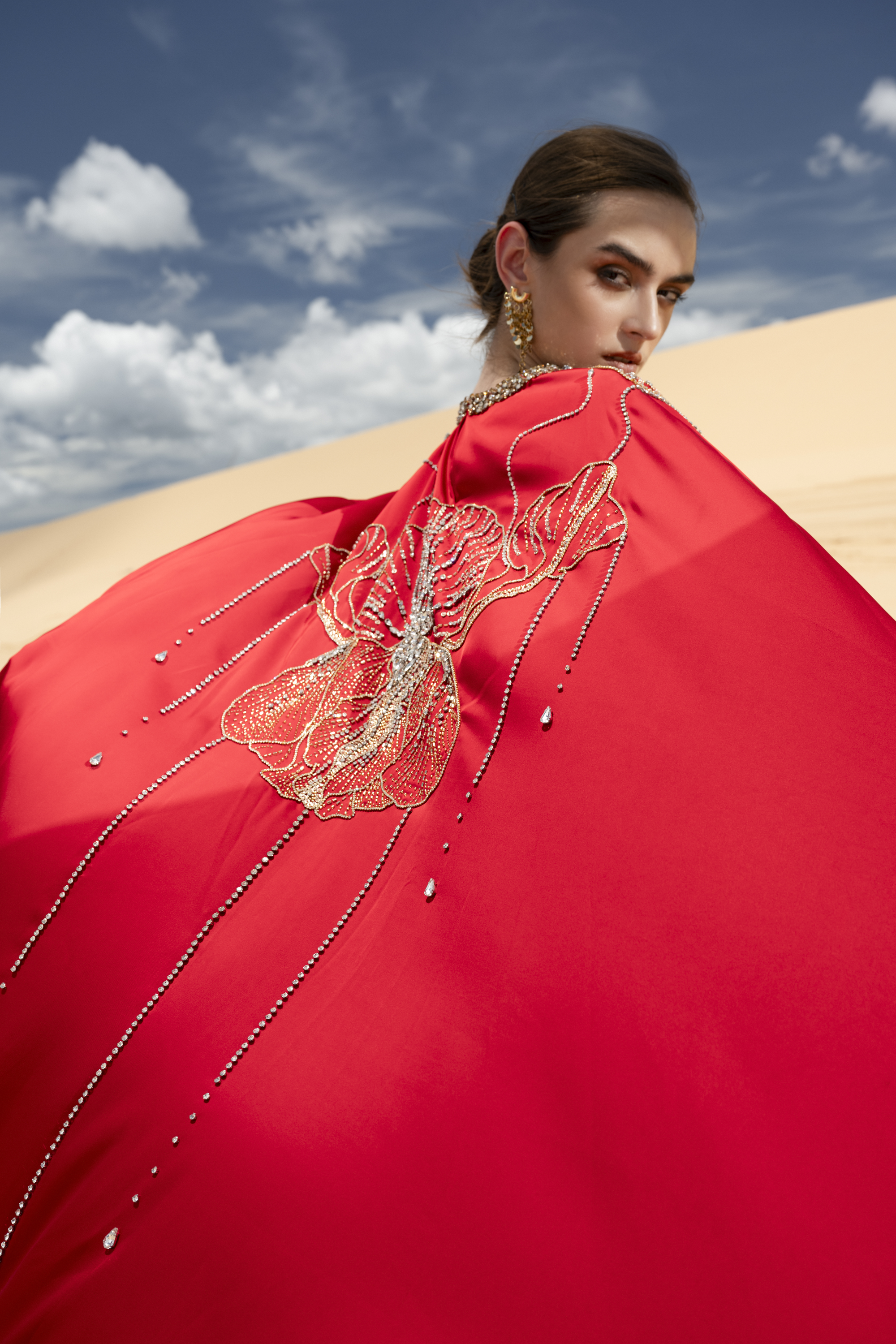 Embellished Cape Red Column Maxi Gown