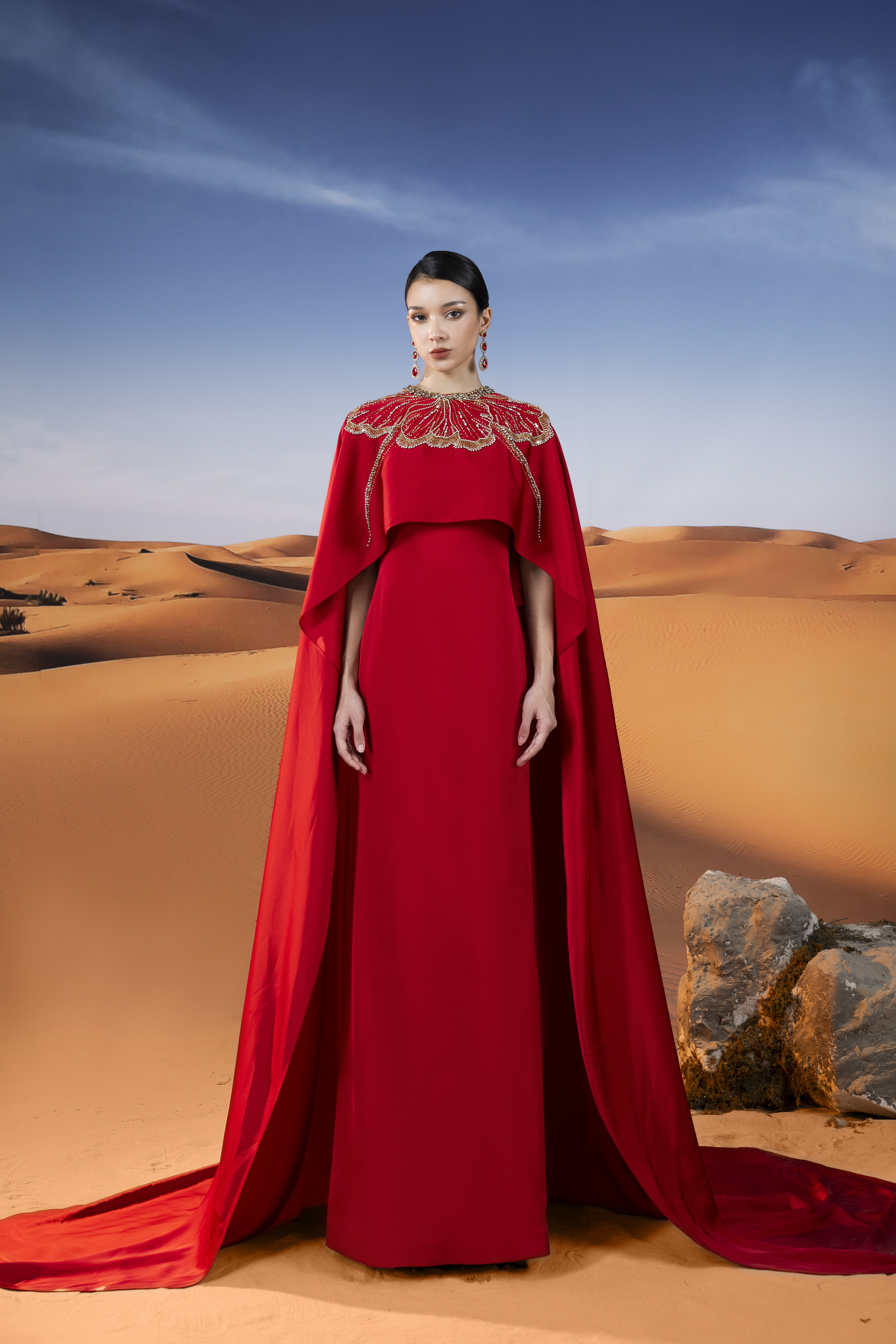 Embellished Cape Red Column Maxi Gown