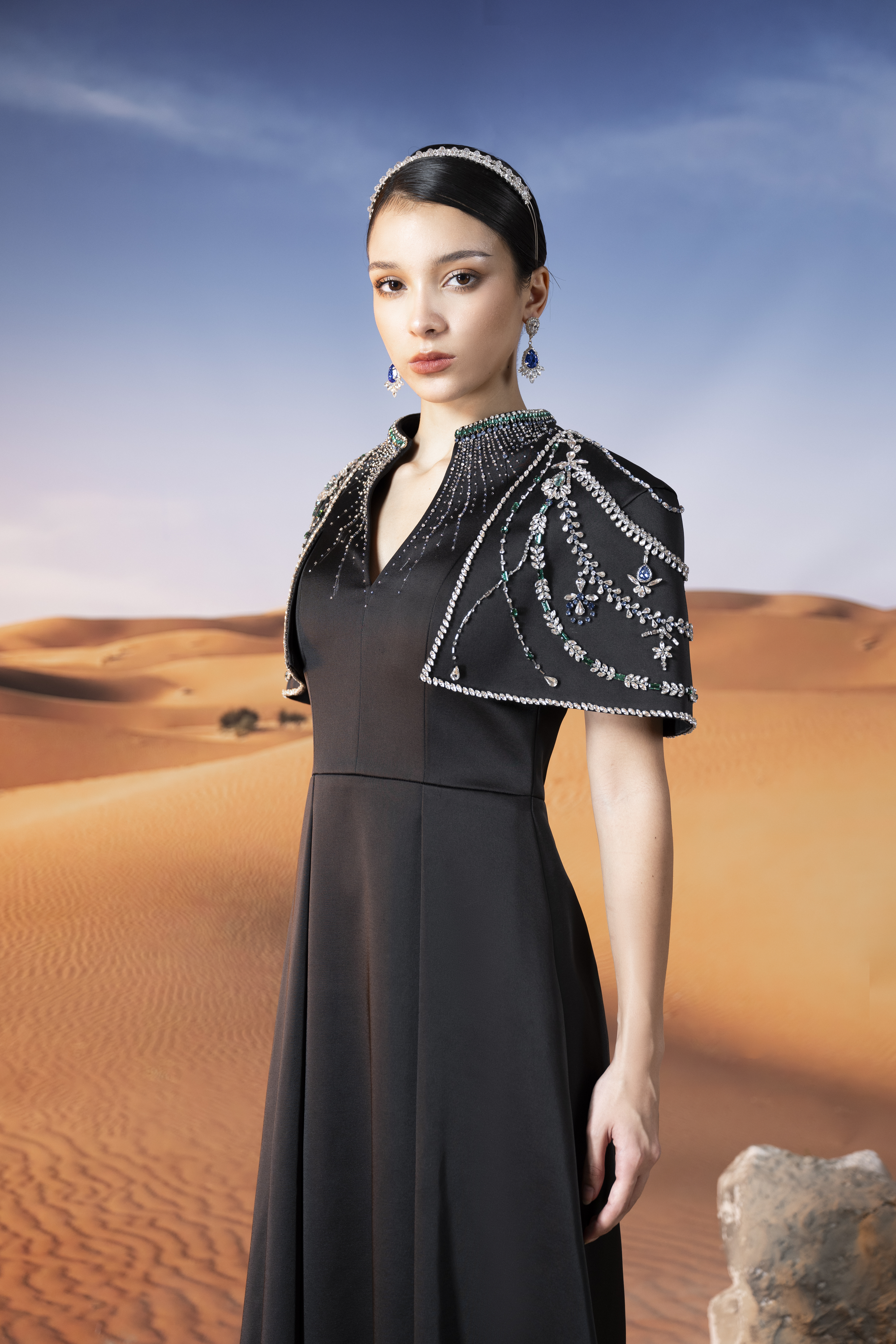 Embellished Cape Shoulder Black Maxi Gown