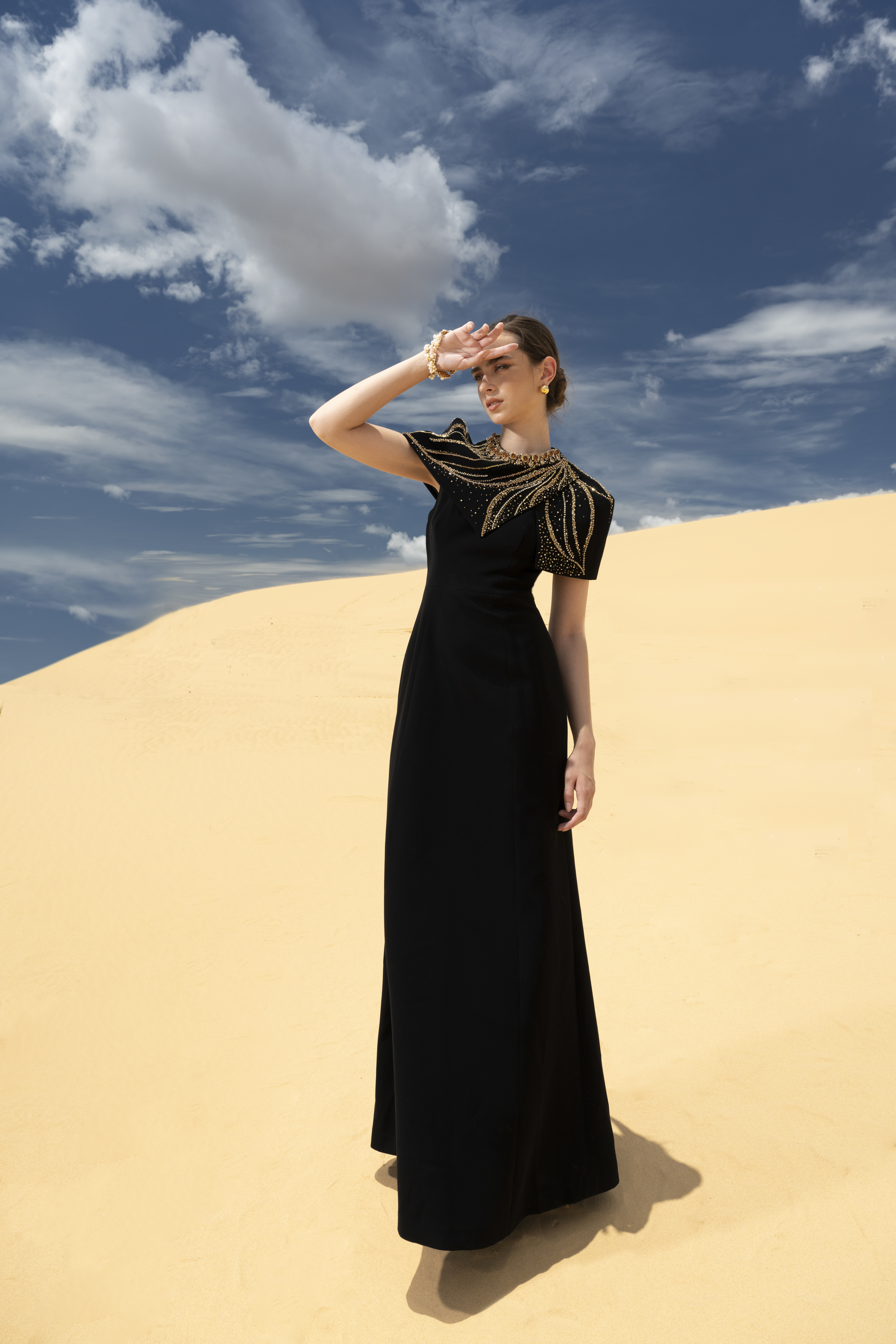 Embellished Cape Shoulder Black Maxi Gown