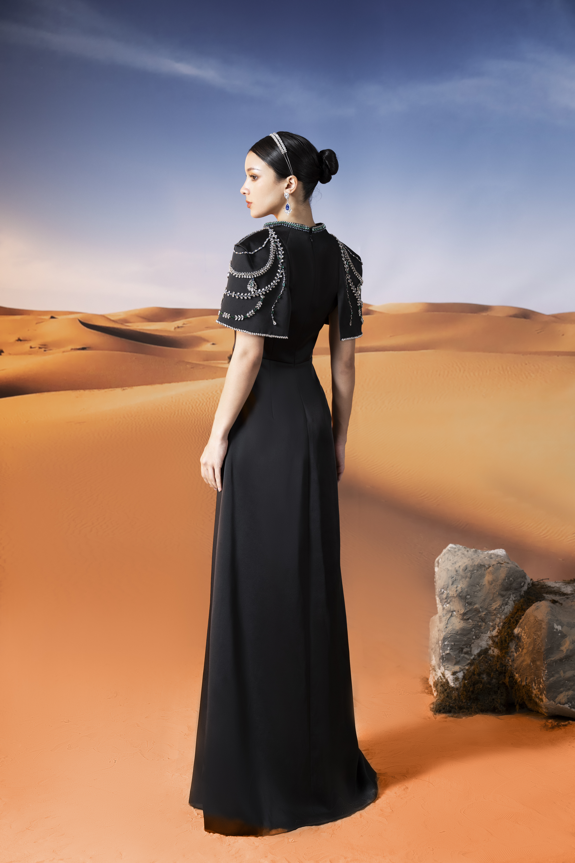 Embellished Cape Shoulder Black Maxi Gown