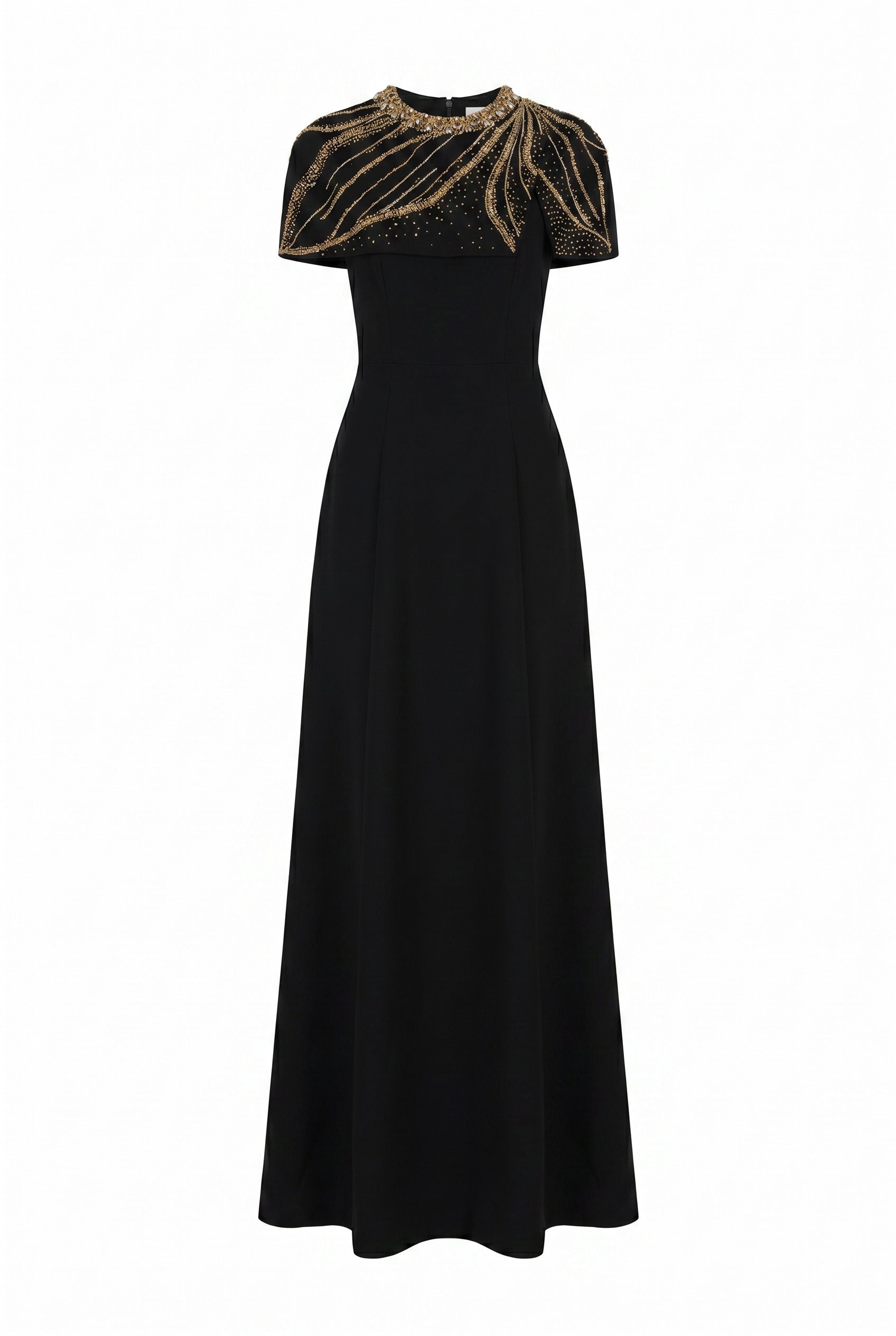Embellished Cape Shoulder Black Maxi Gown