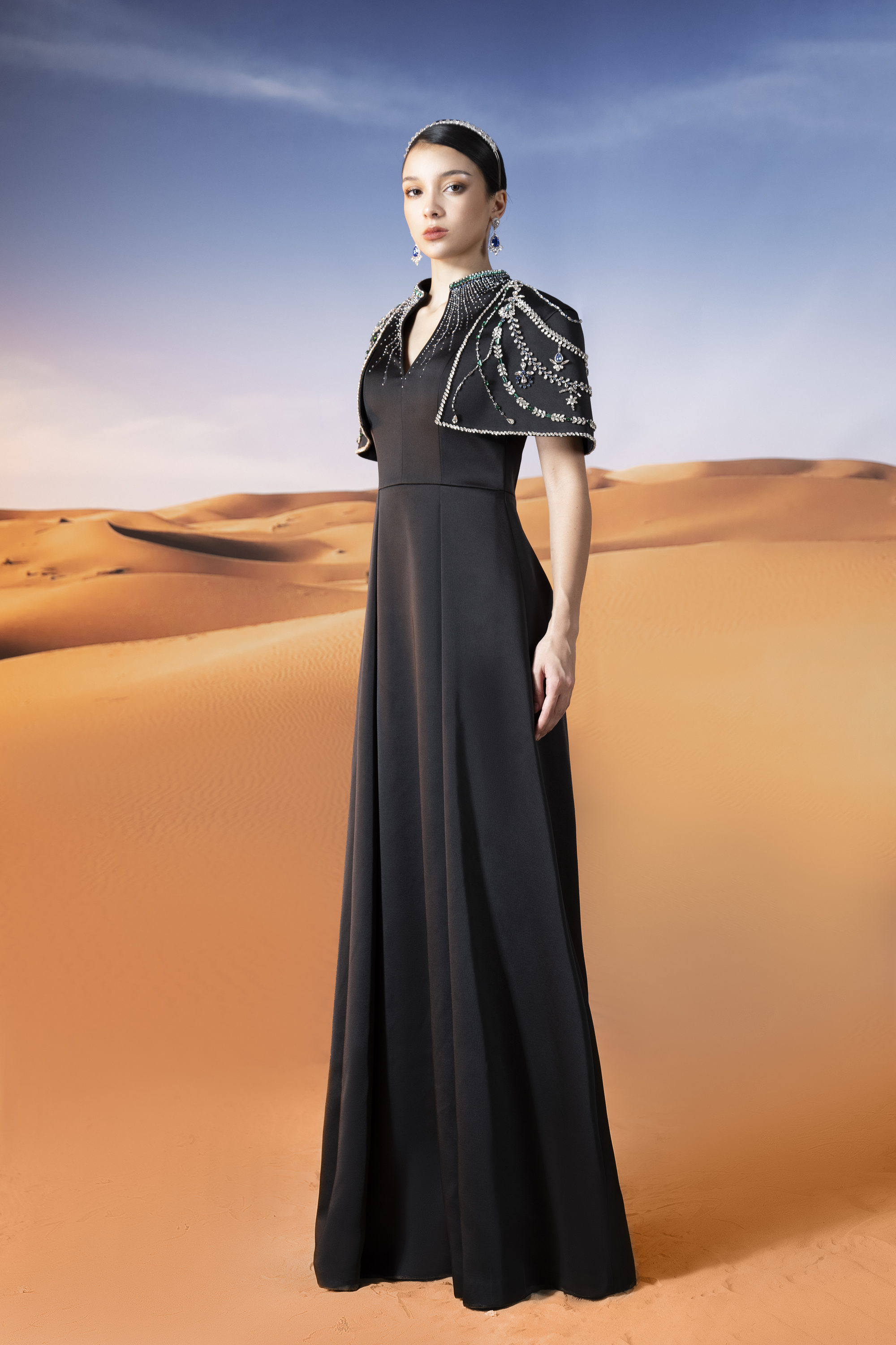Embellished Cape Shoulder Black Maxi Gown