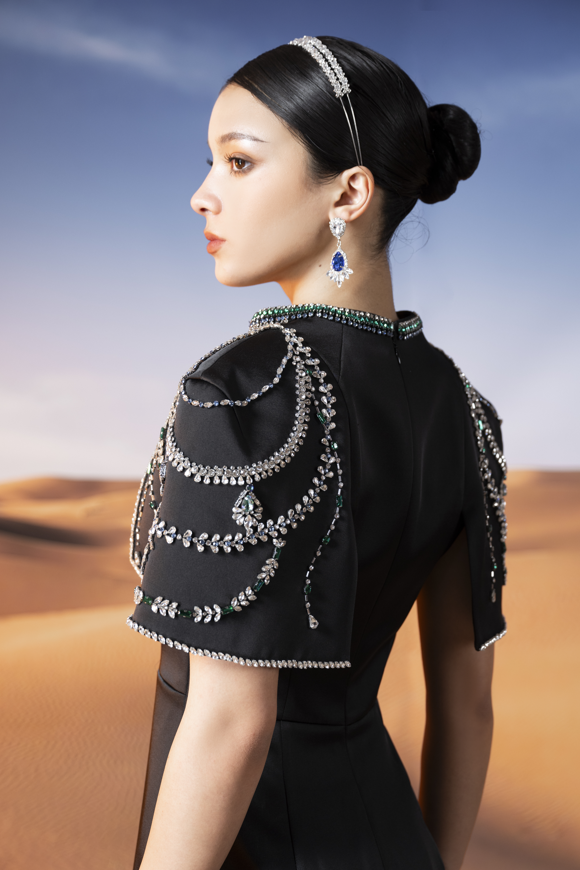 Embellished Cape Shoulder Black Maxi Gown