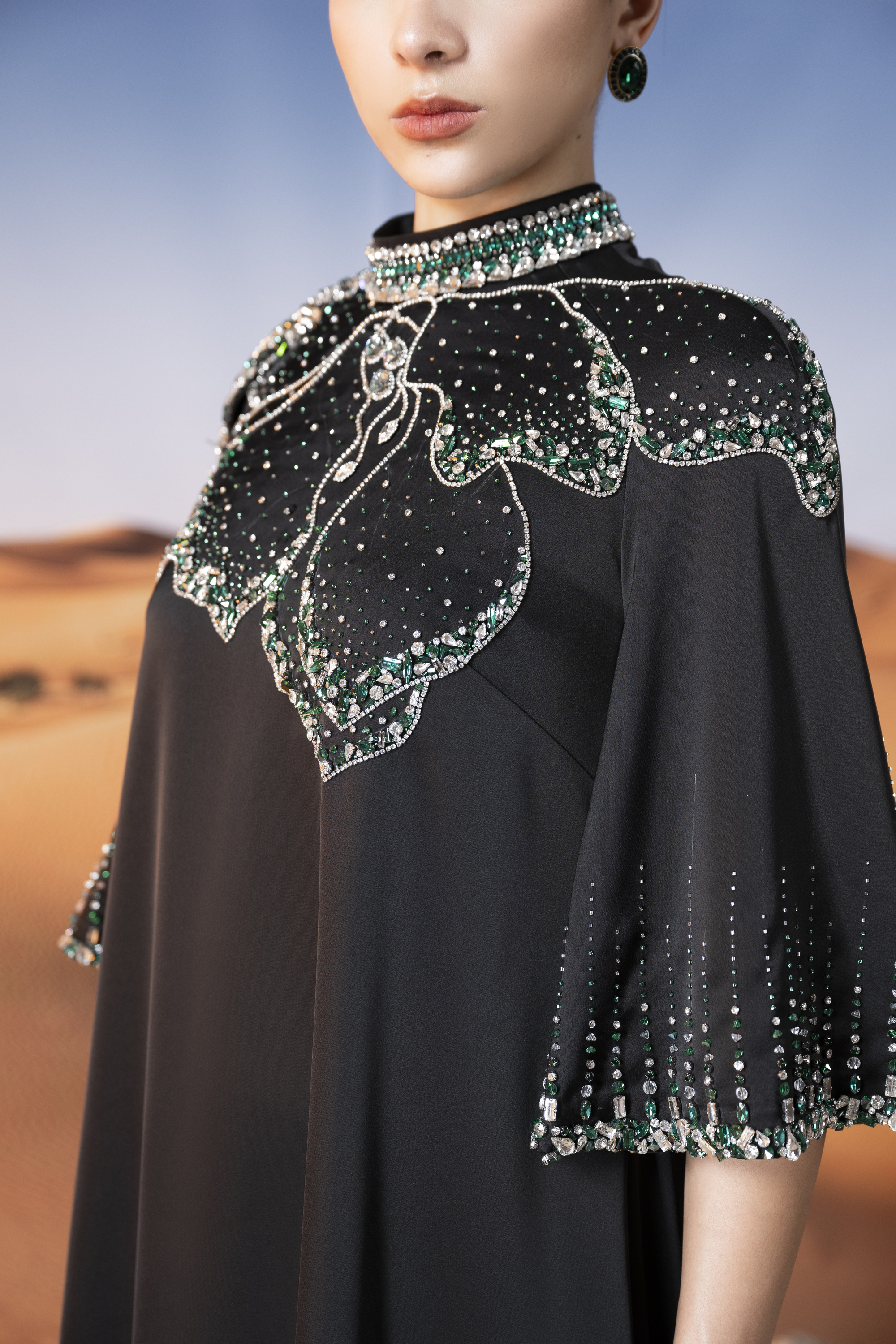 Embellished Cape Sleeve Black Maxi Gown