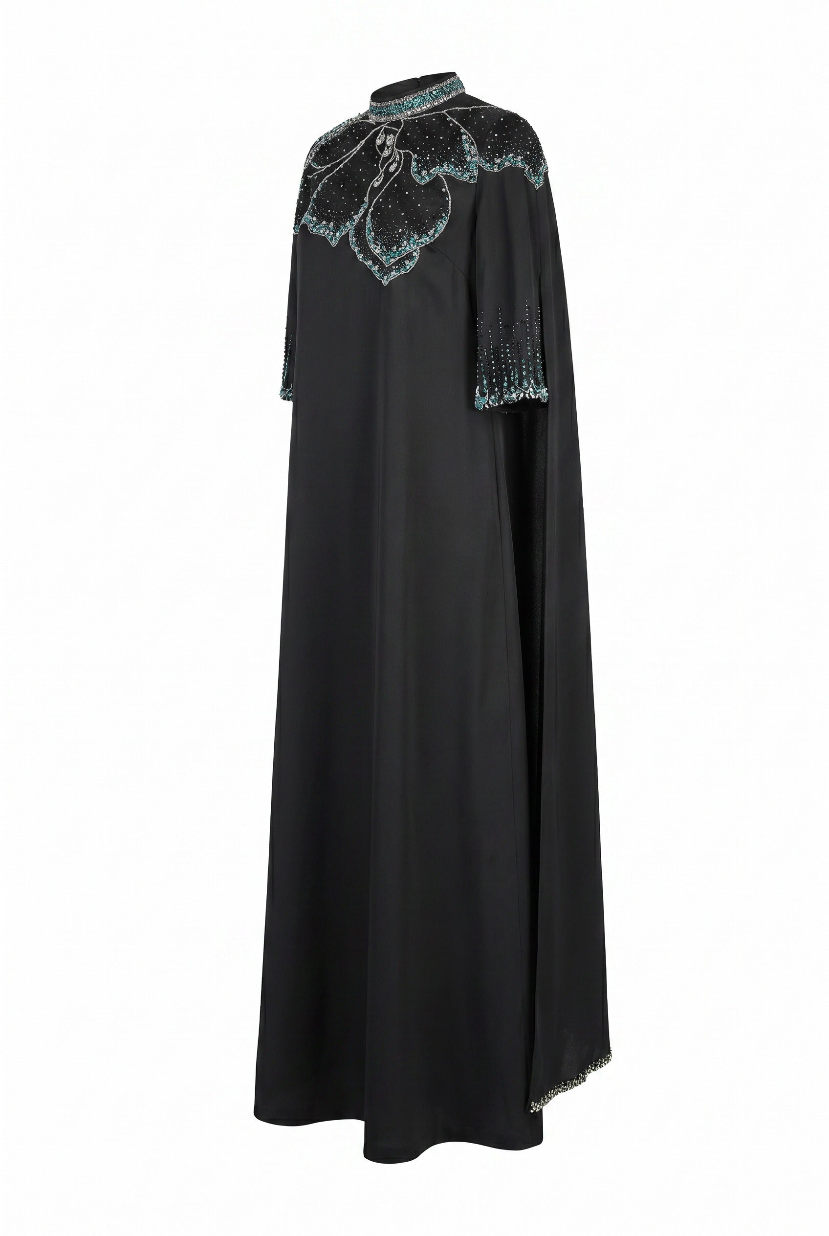 Embellished Cape Sleeve Black Maxi Gown