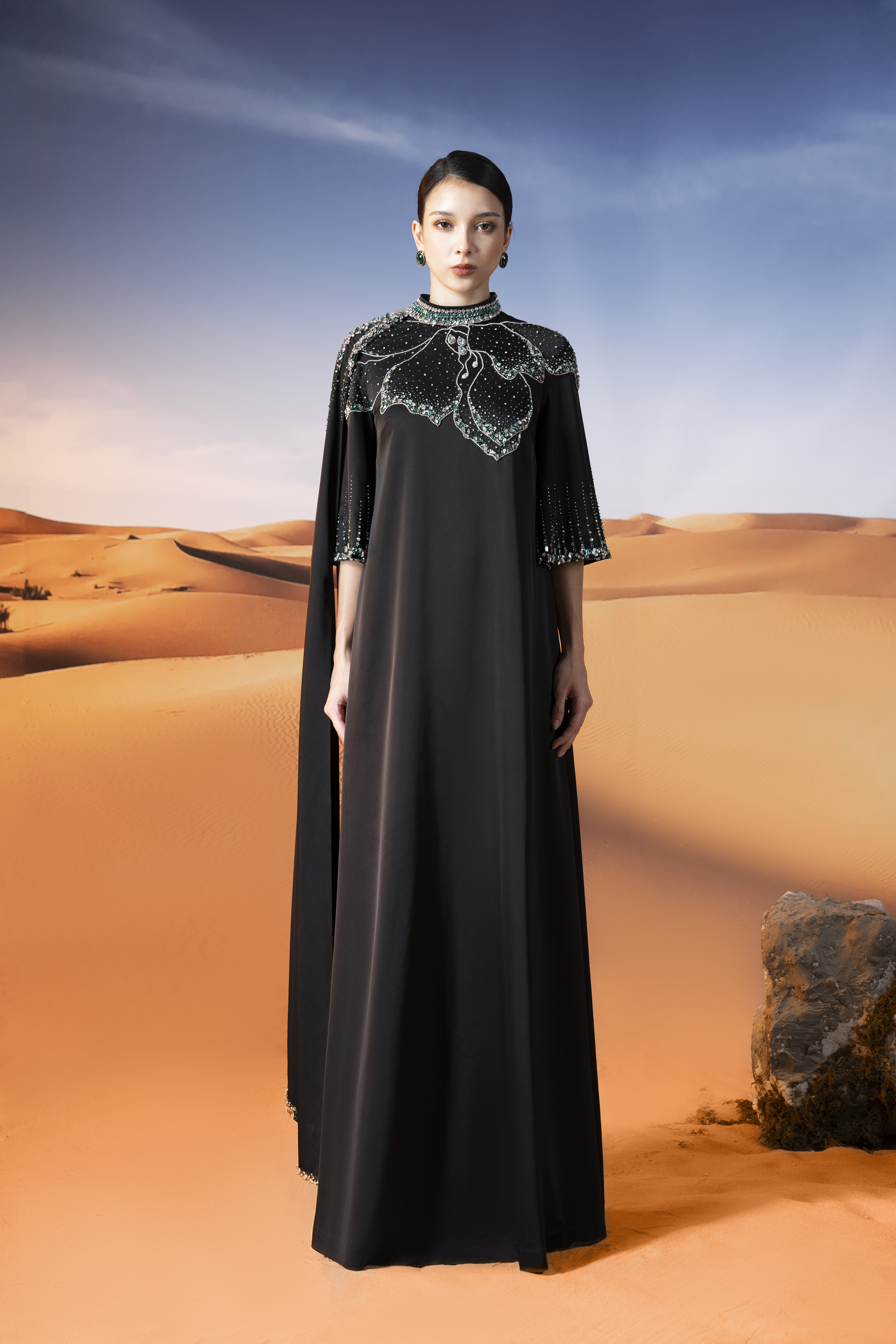 Embellished Cape Sleeve Black Maxi Gown