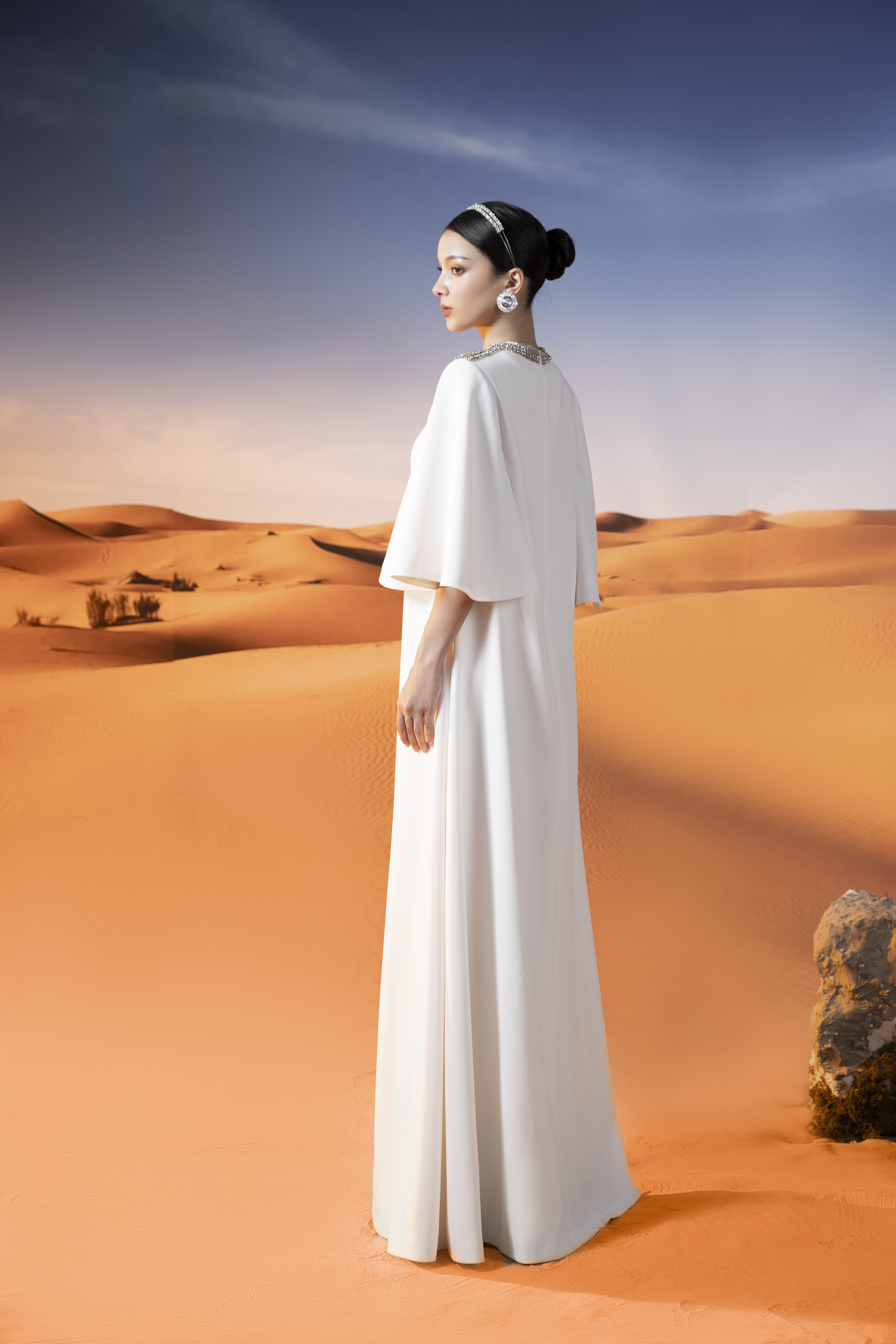 Embellished Cape Sleeve White Maxi Gown