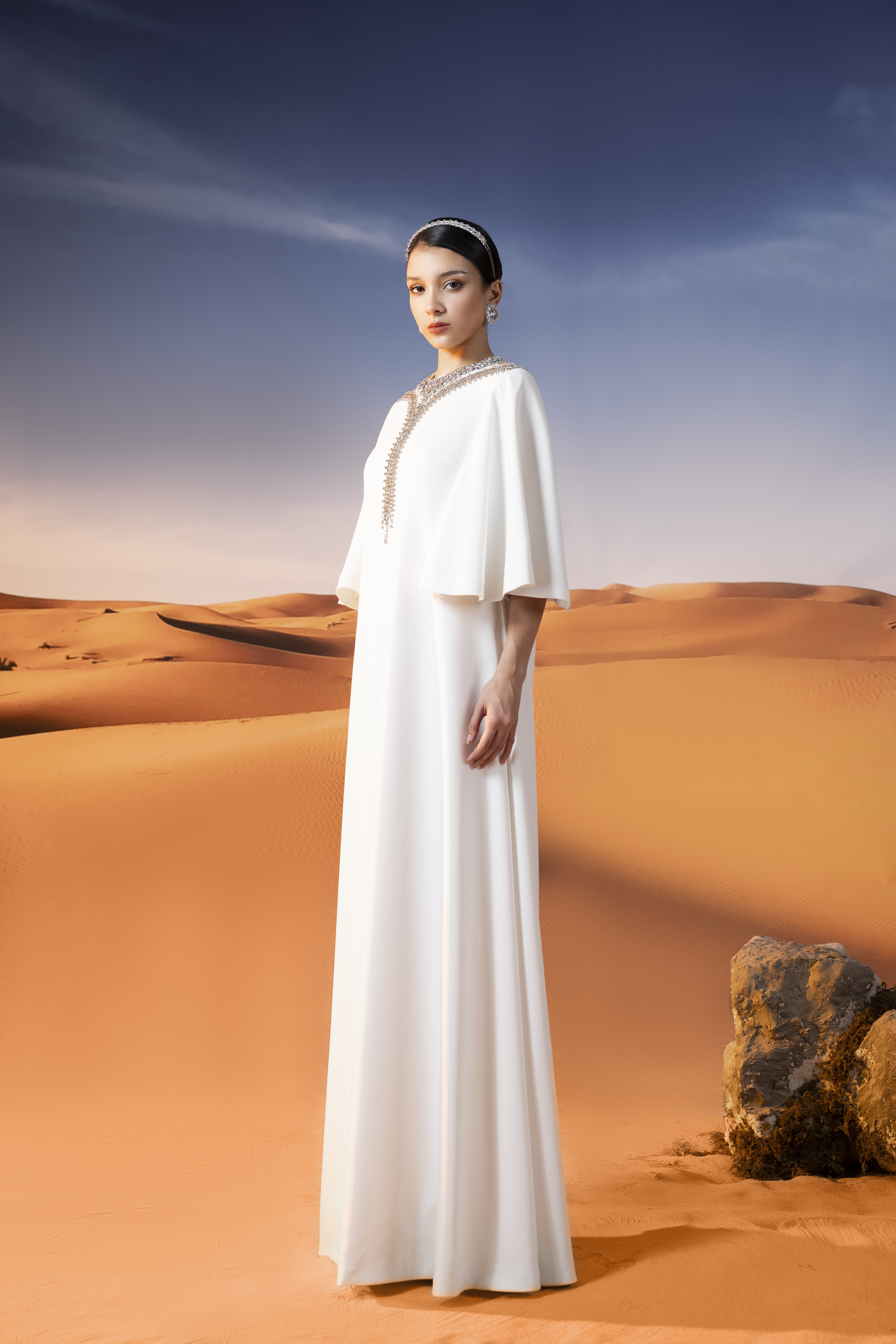 Embellished Cape Sleeve White Maxi Gown