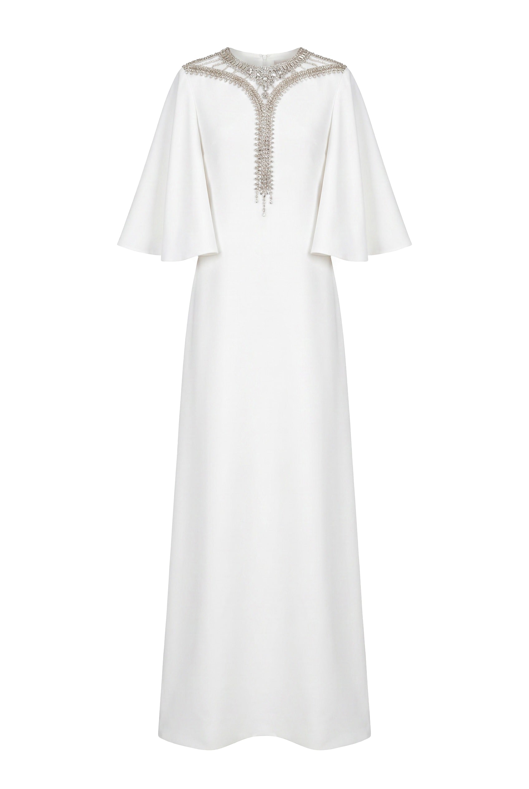 Embellished Cape Sleeve White Maxi Gown