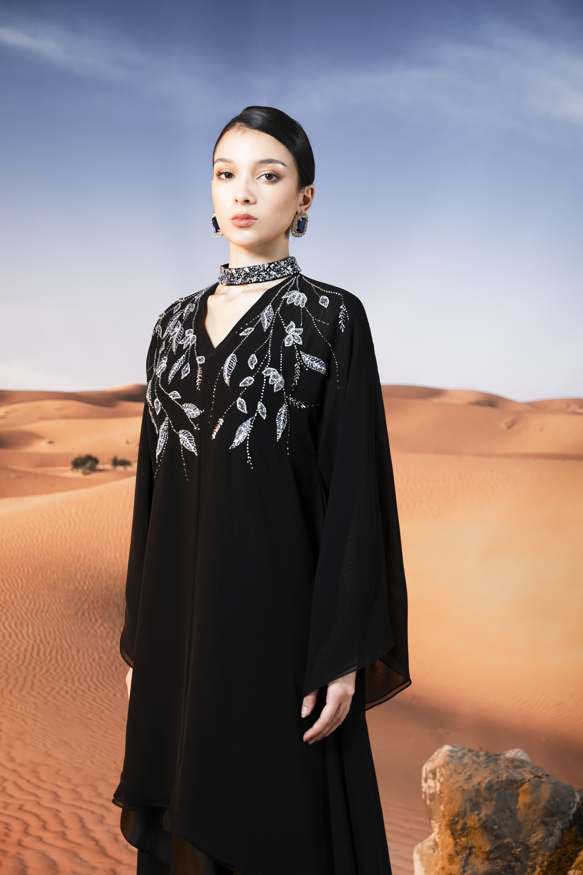Embellished Chiffon Coat, Top and Skirt Set