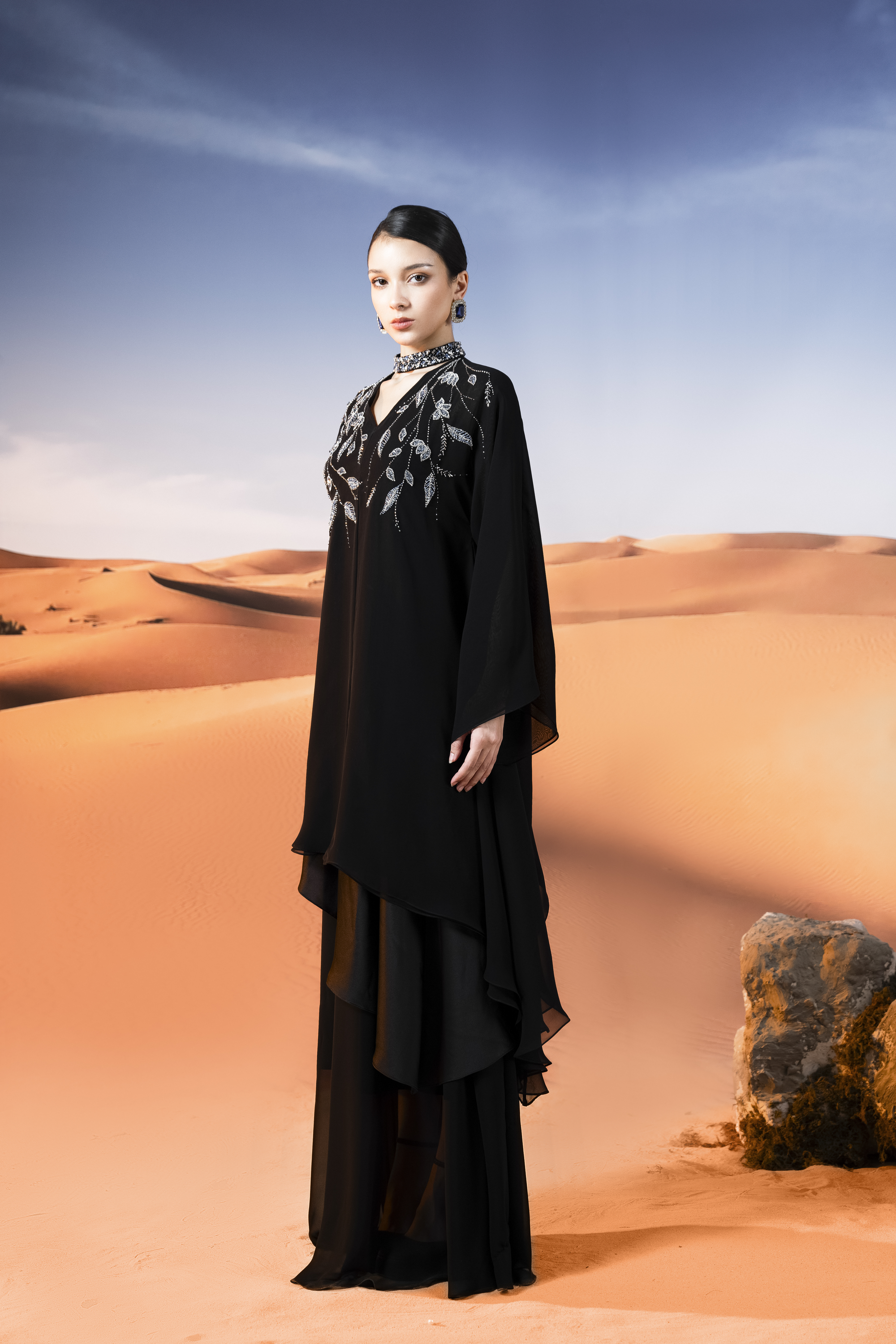 Embellished Chiffon Coat, Top and Skirt Set