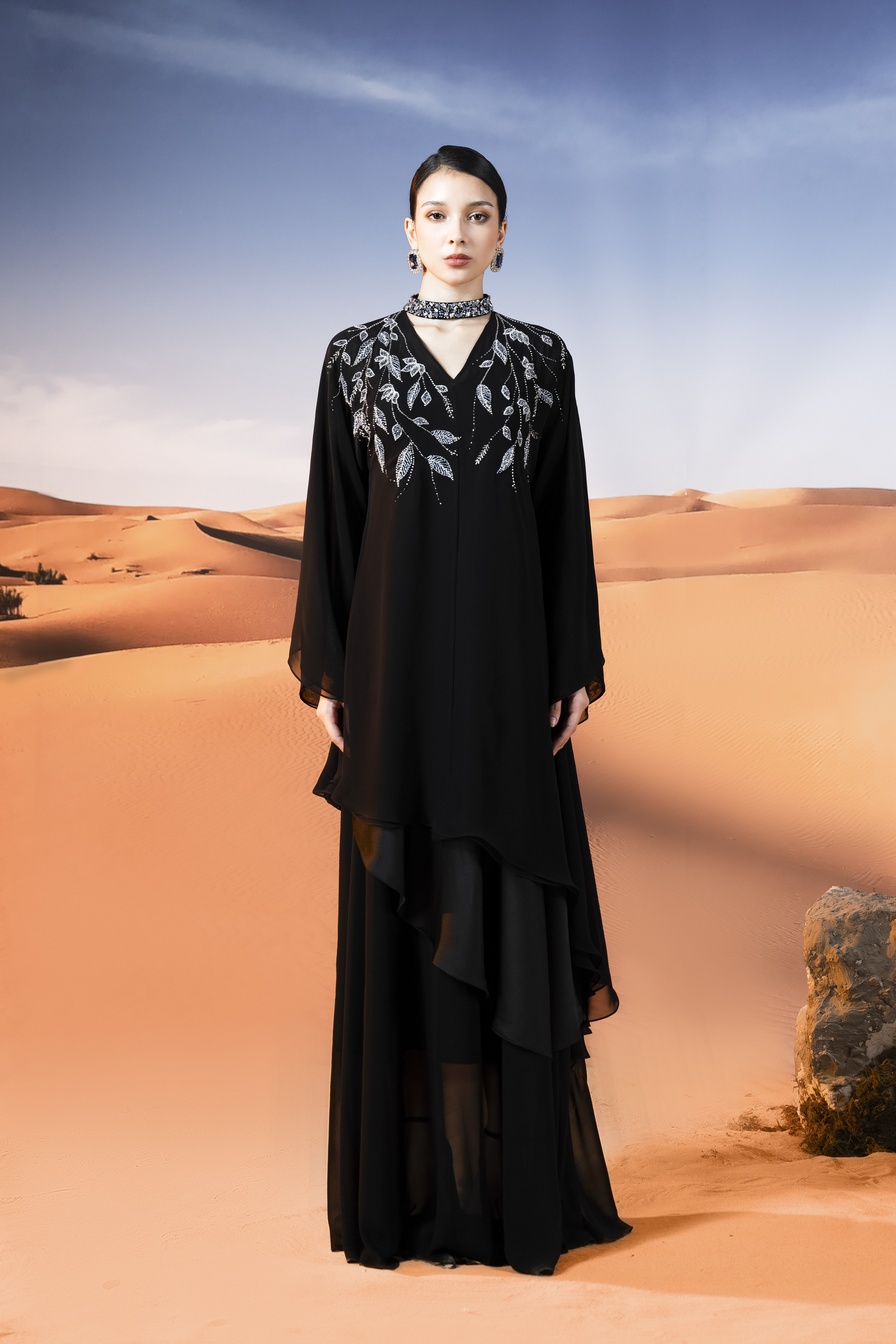 Embellished Chiffon Coat, Top and Skirt Set