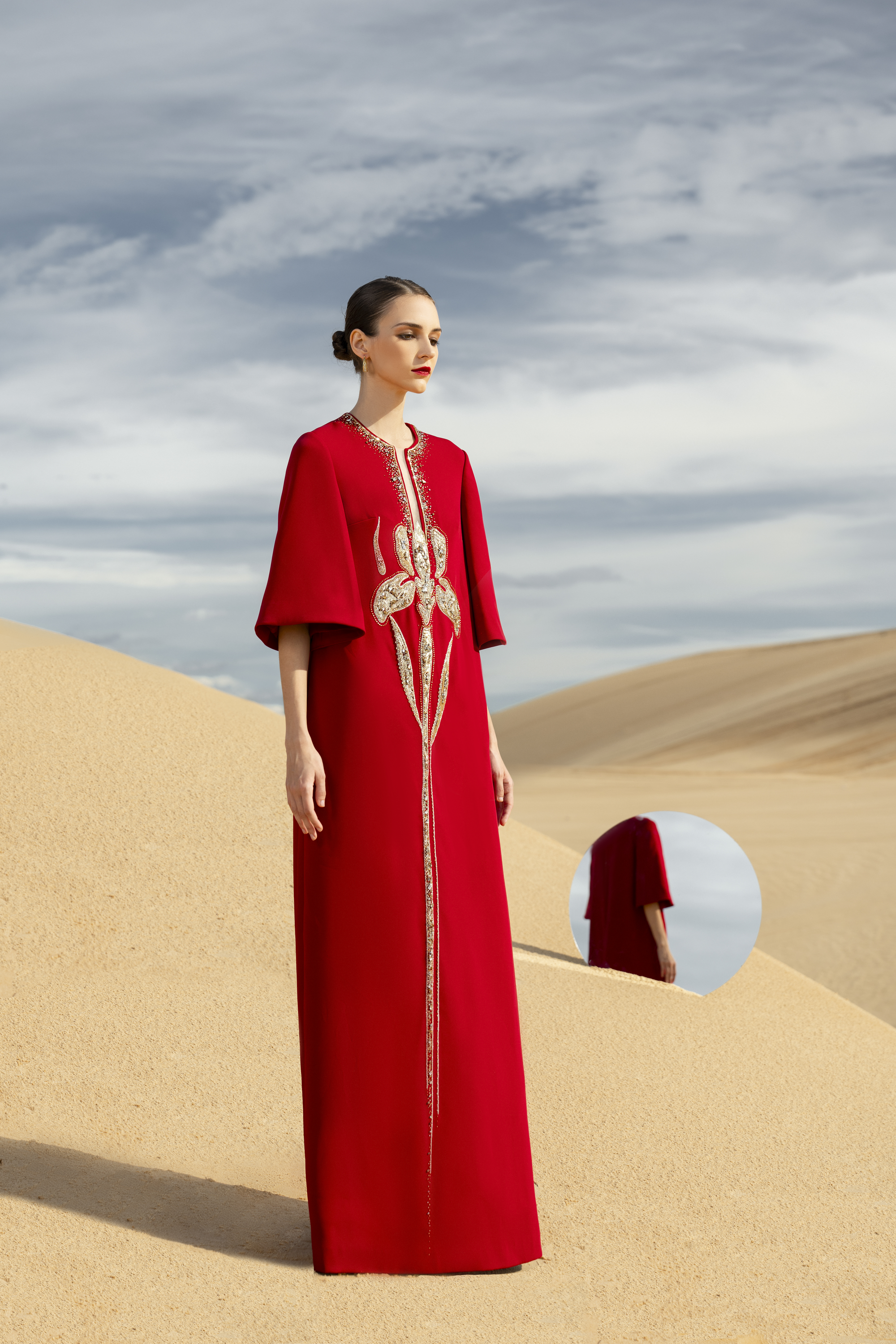 Embellished Kaftan Sleeve Red Maxi Gown