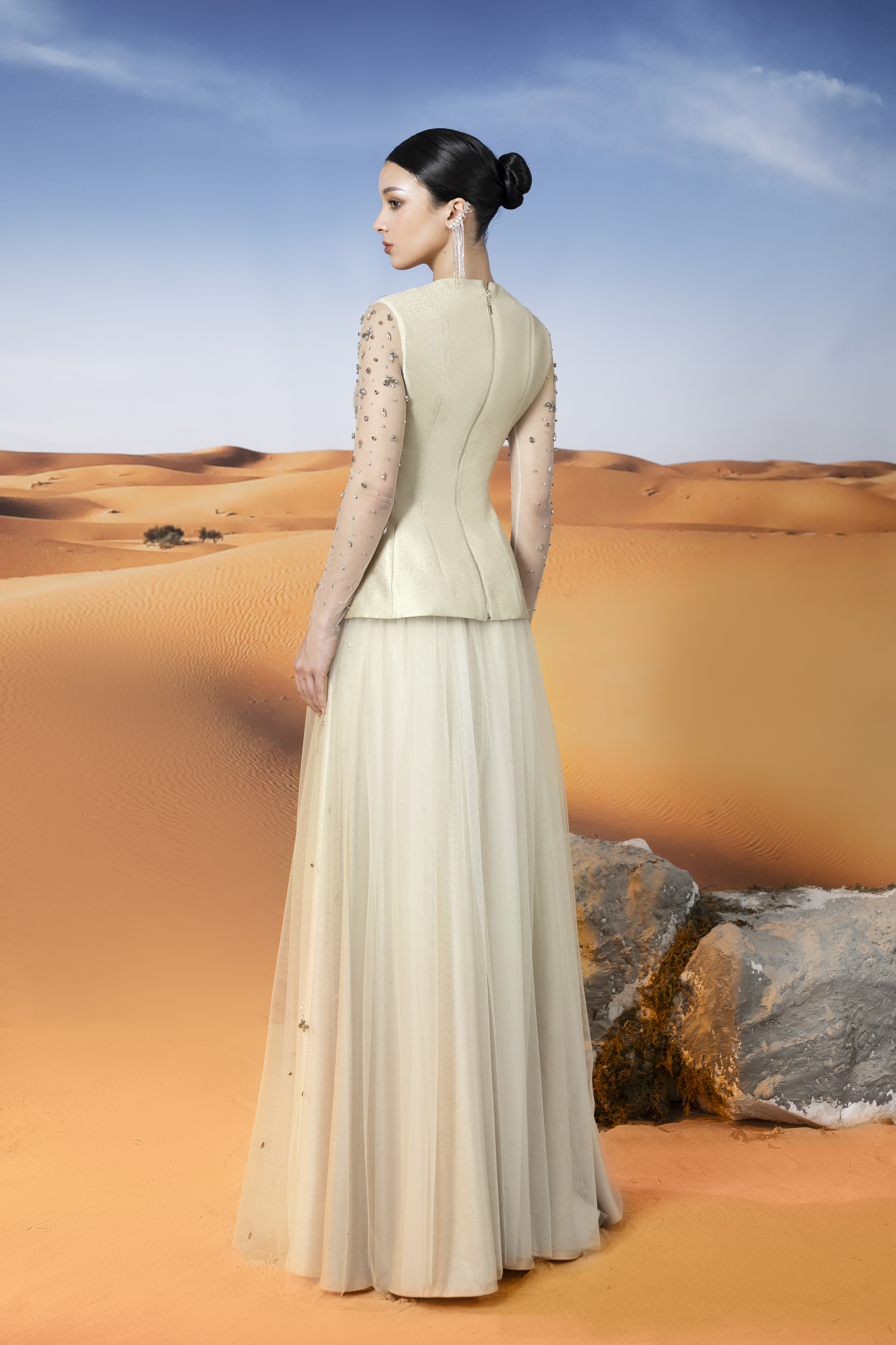 Embellished Tulle and Mikado Peplum Gown
