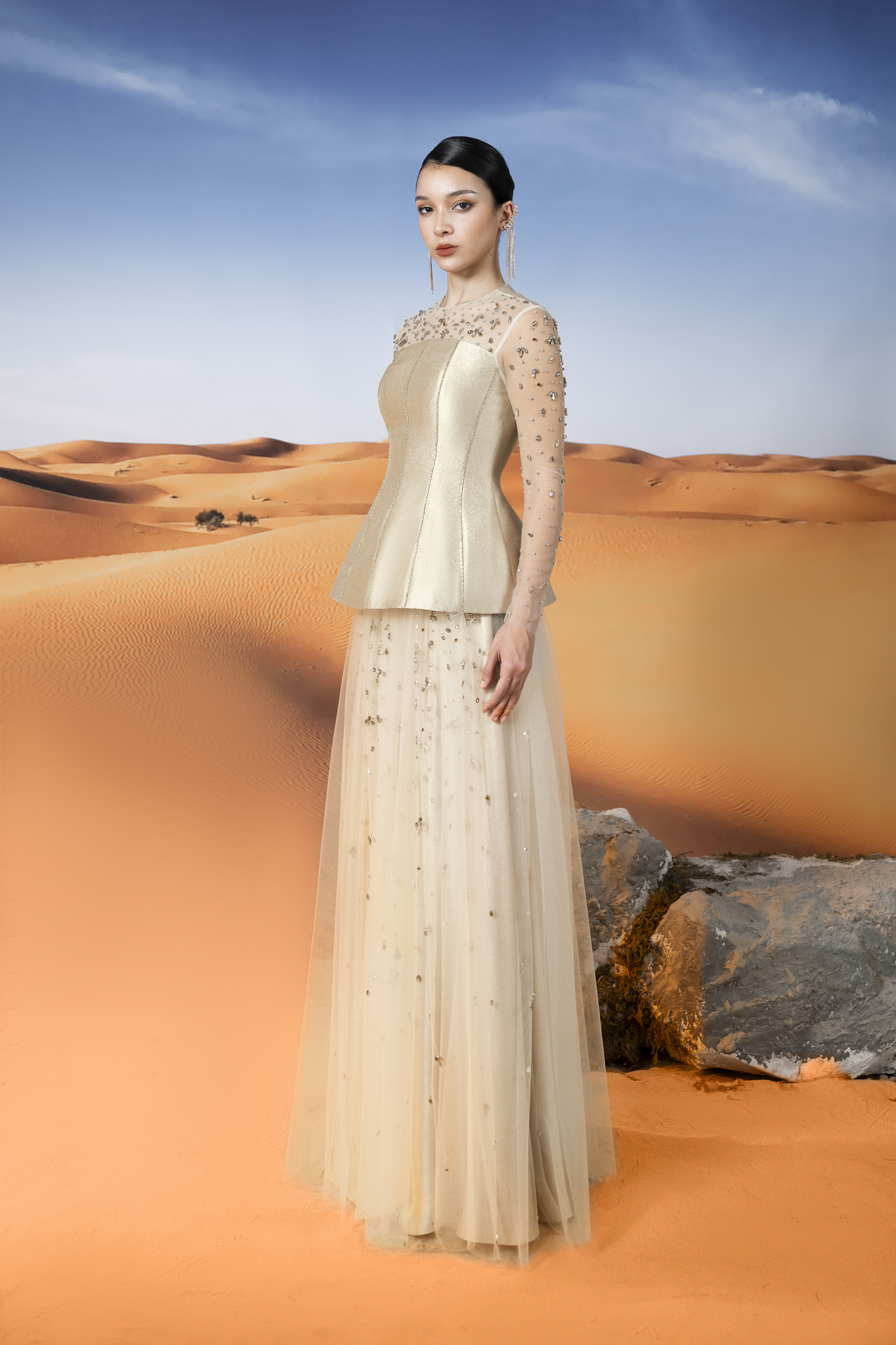 Embellished Tulle and Mikado Peplum Gown