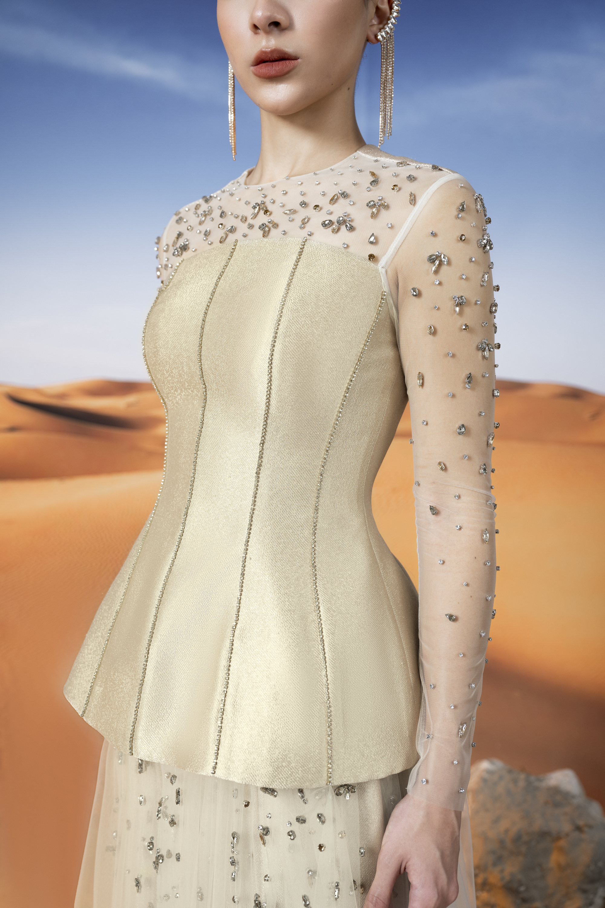 Embellished Tulle and Mikado Peplum Gown