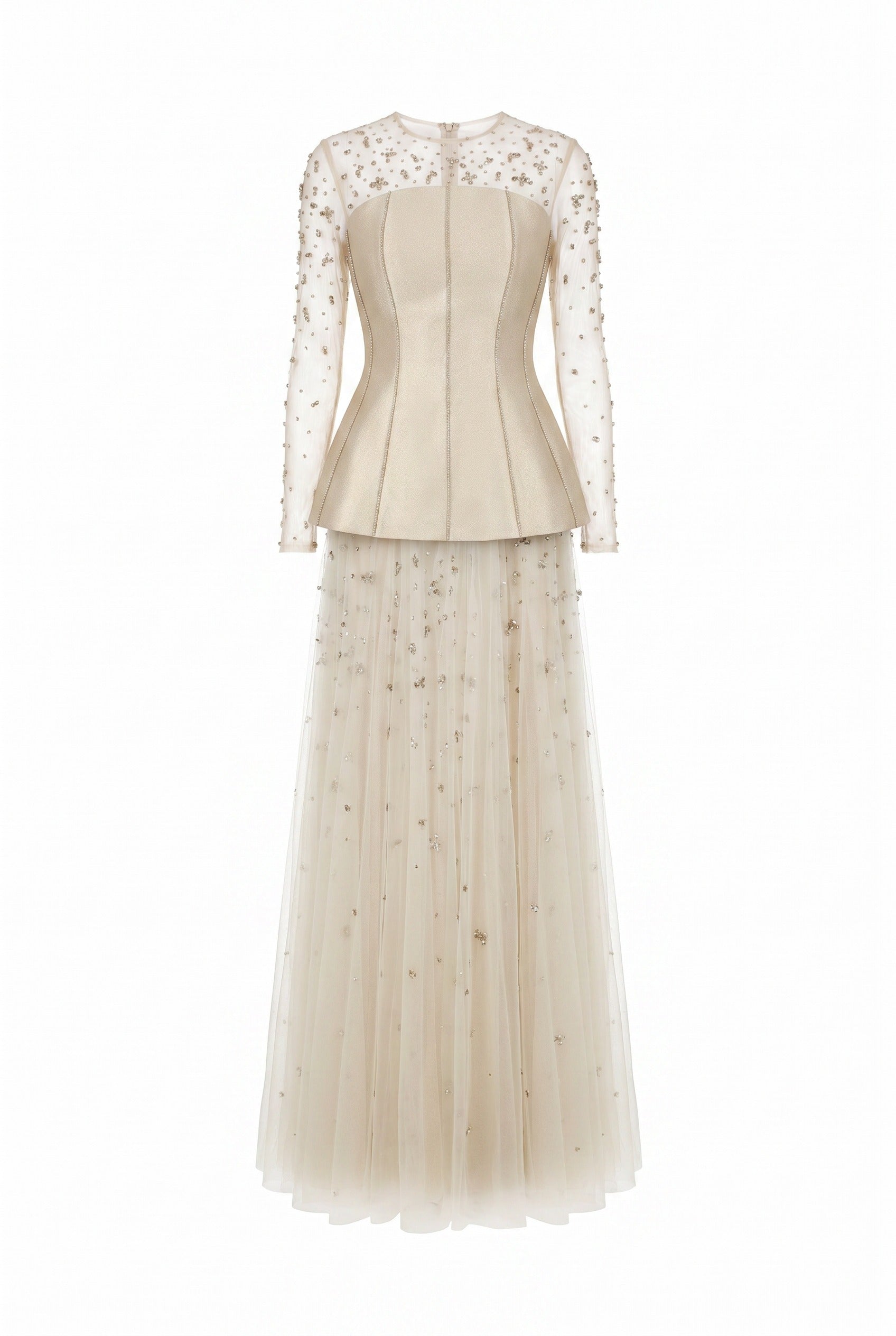Embellished Tulle and Mikado Peplum Gown