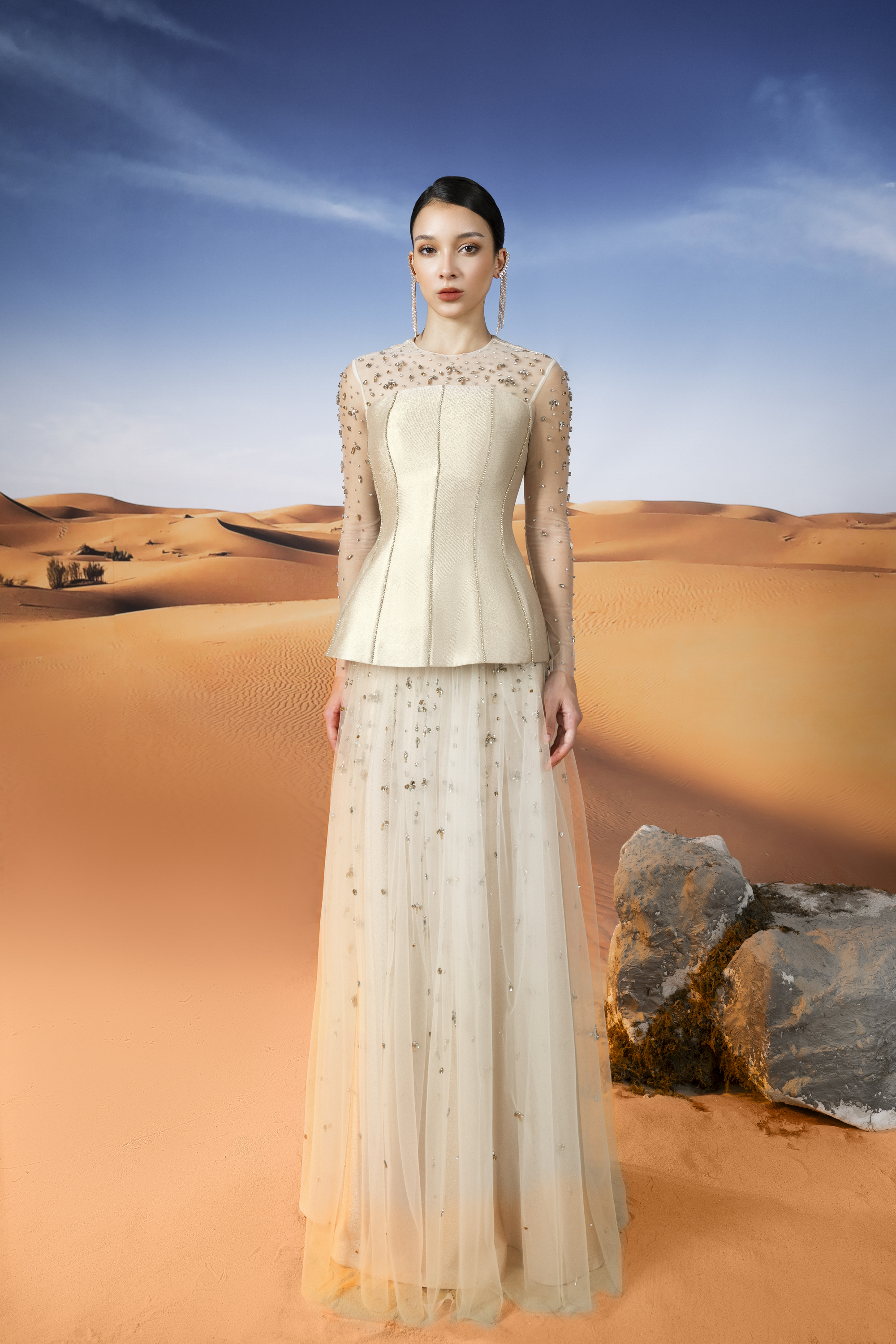 Embellished Tulle and Mikado Peplum Gown
