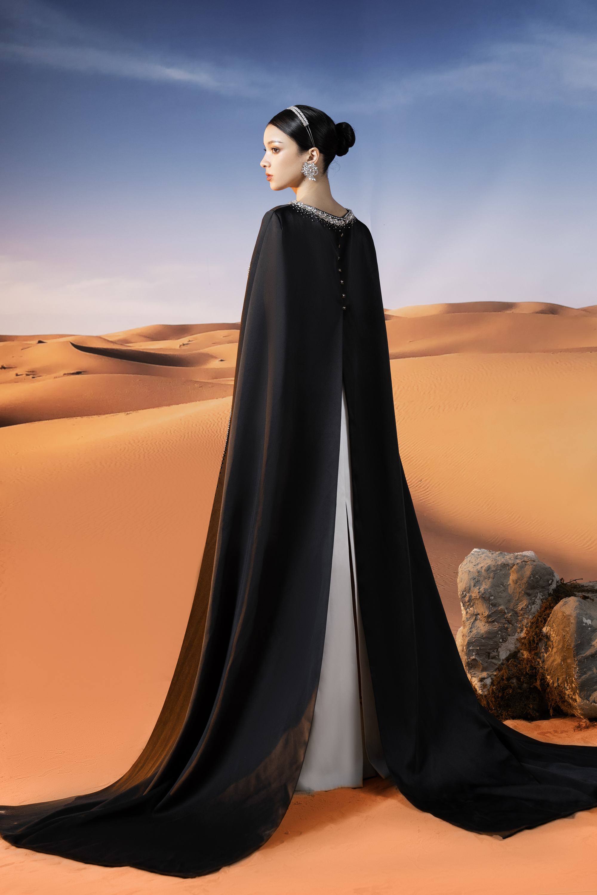 Embellished White Column Gown with Black Cape