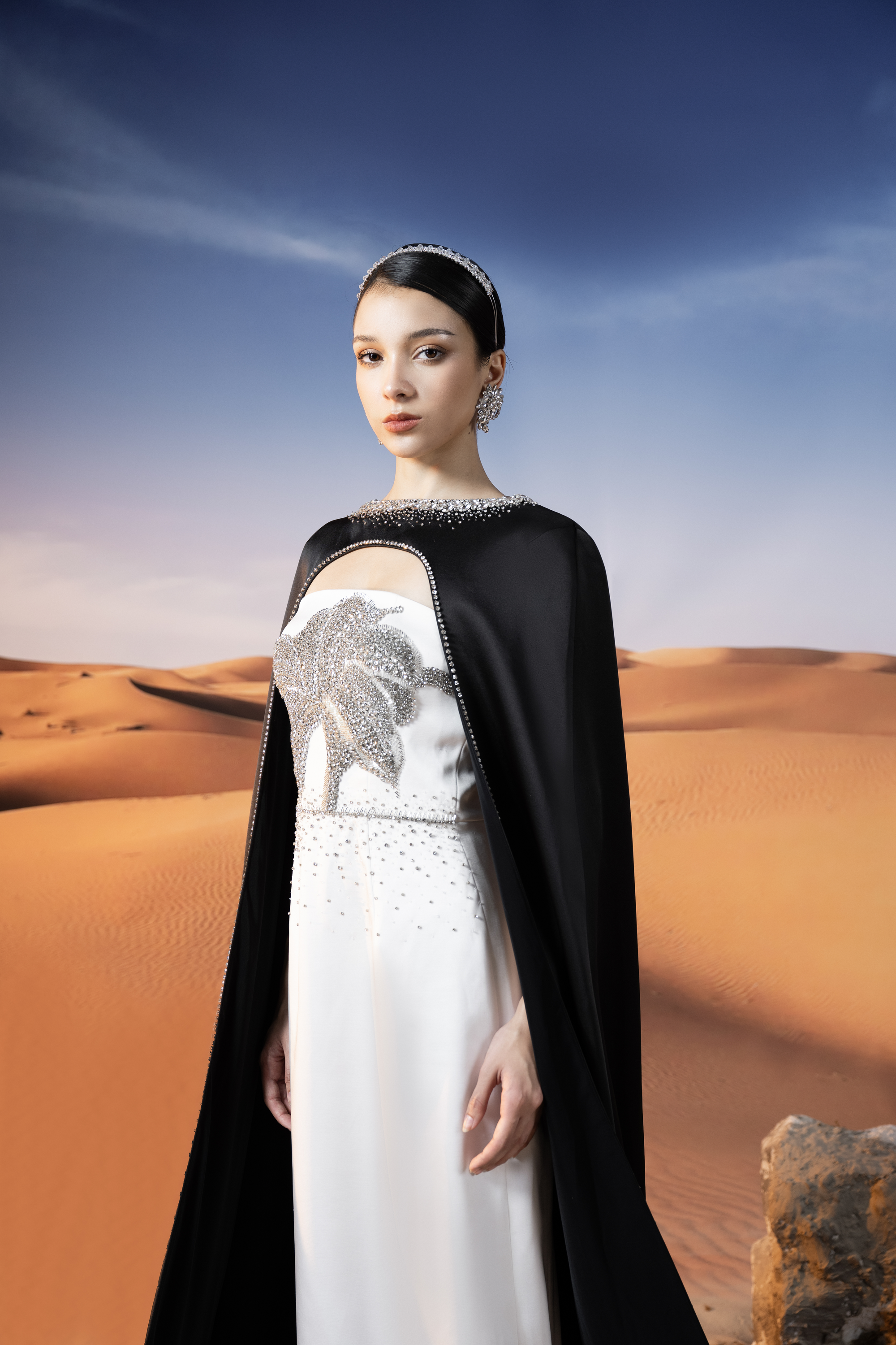 Embellished White Column Gown with Black Cape