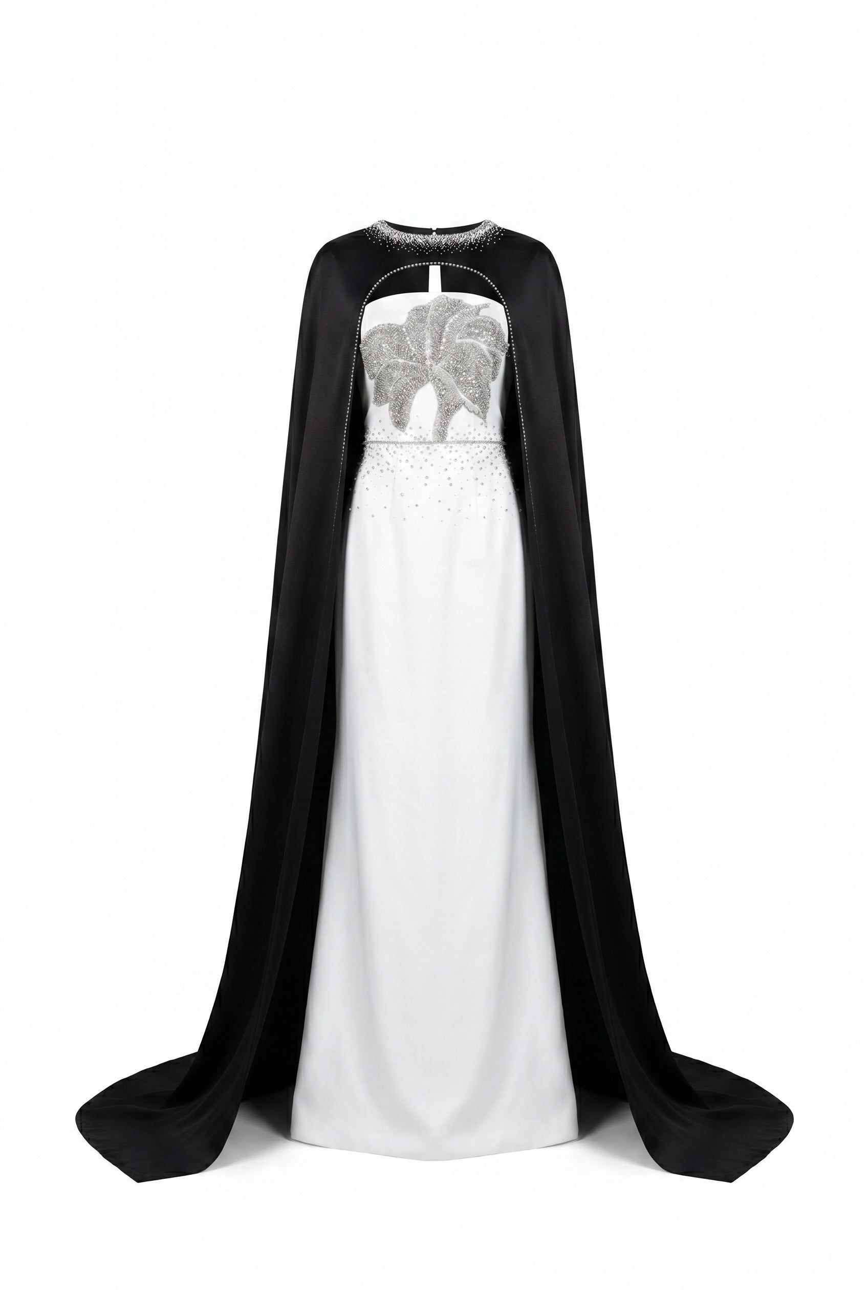 Embellished White Column Gown with Black Cape