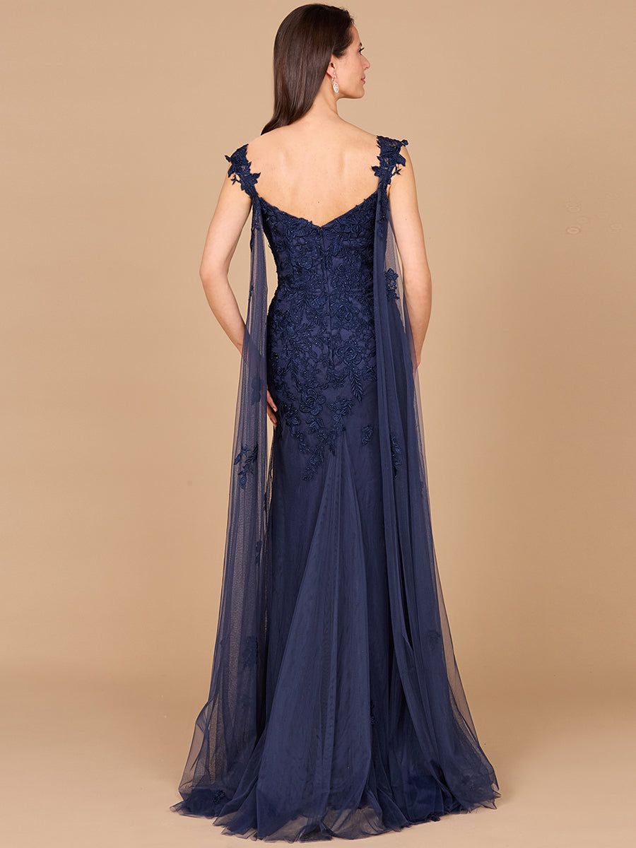 Embroidered Lace Gown with Flowing Capes Style 29018