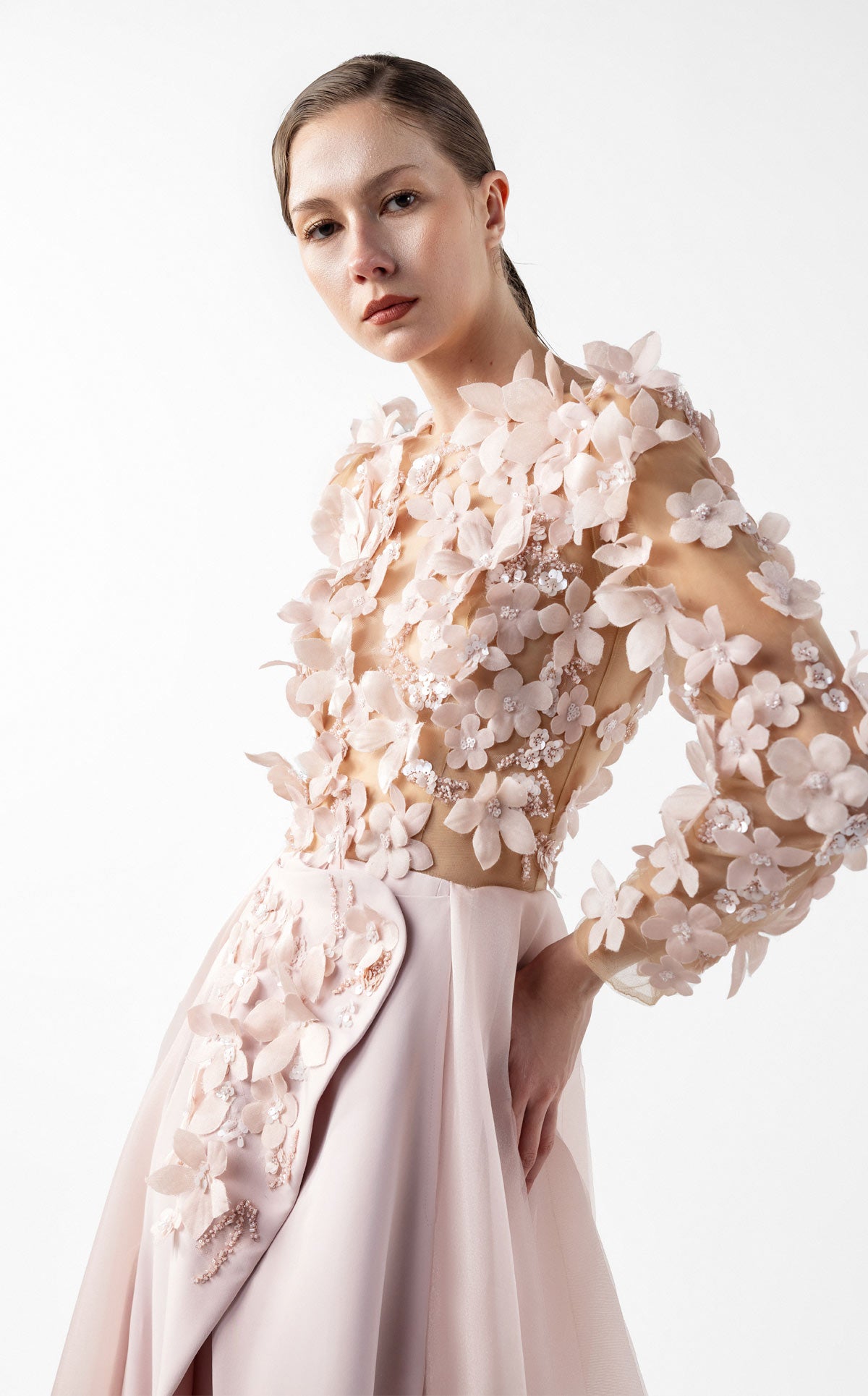 Ethereal Pink Floral Illusion Gown with Fluid Envelope Skirt G2035