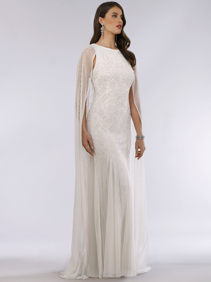 Eve Beaded Cape Sleeve Wedding Dress with High Neckline 51045