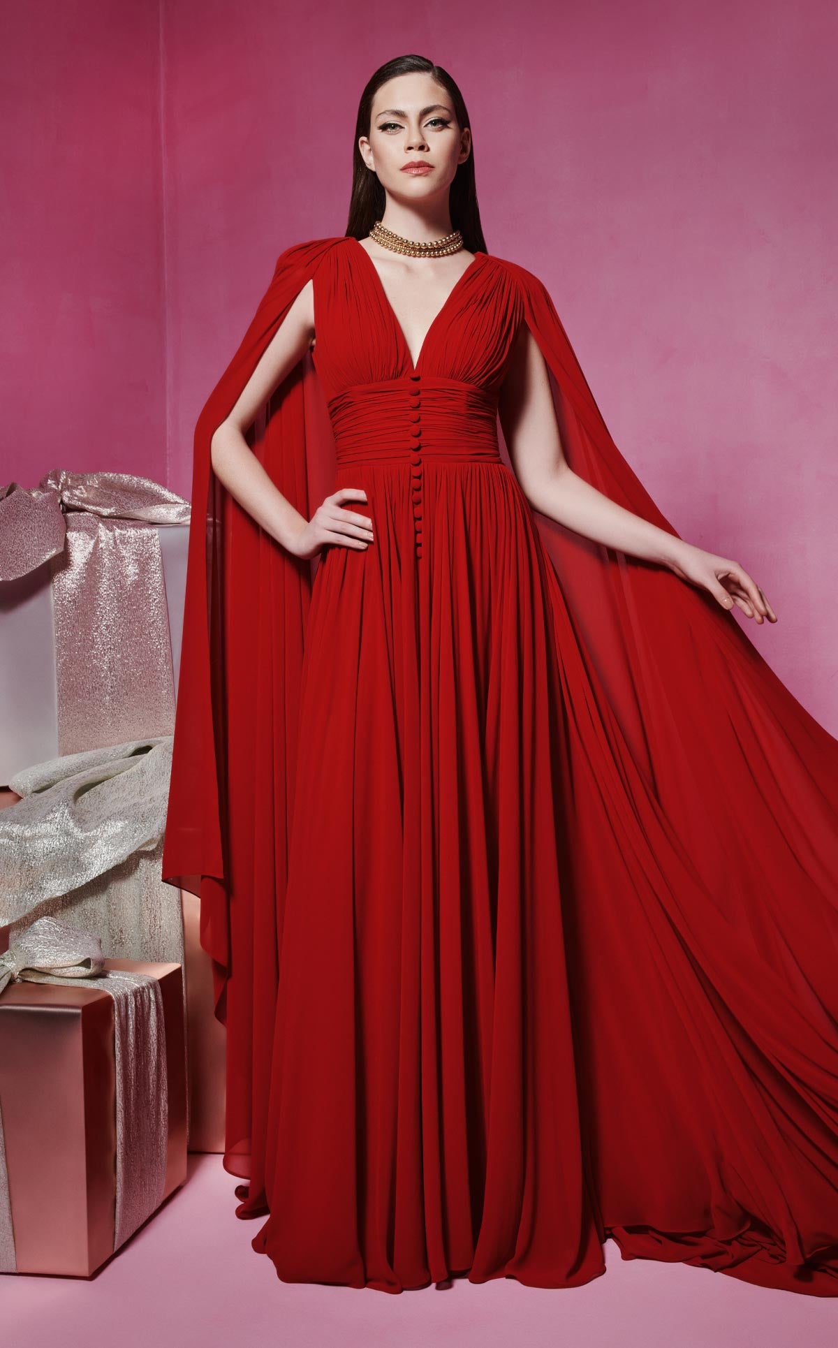 aptivating Red Couture Gown with Majestic Cape Sleeves F02845
