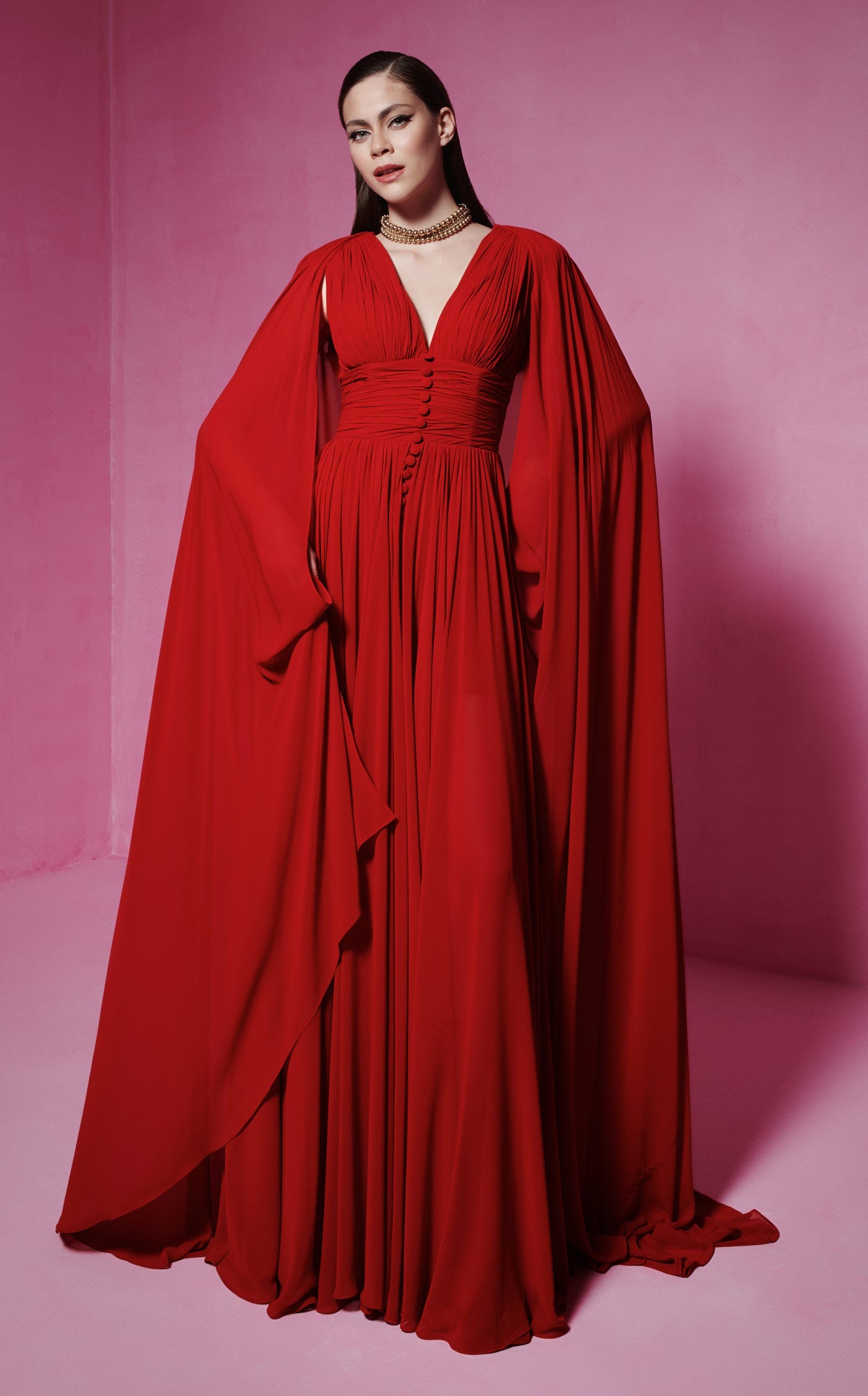 aptivating Red Couture Gown with Majestic Cape Sleeves F02845