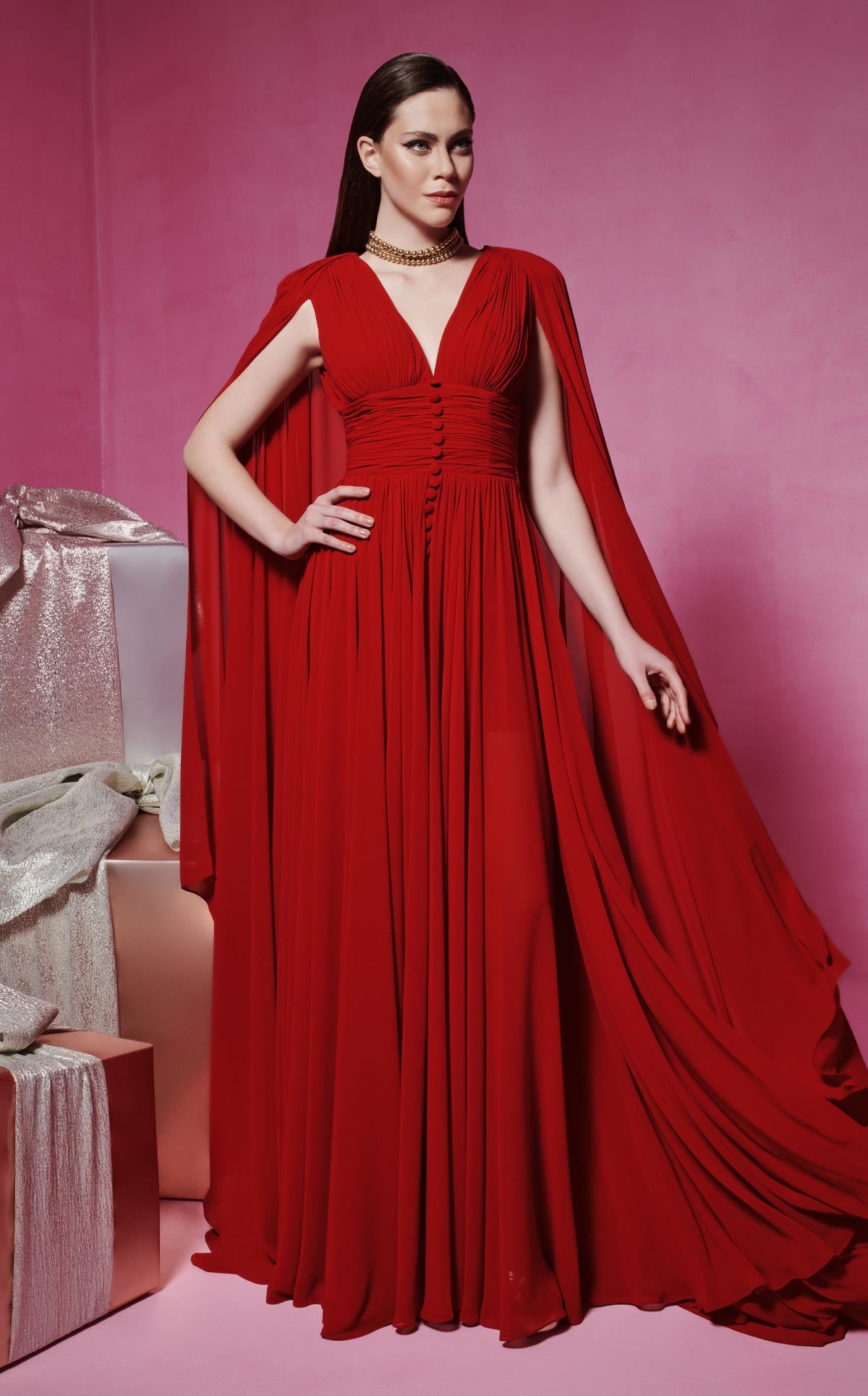 aptivating Red Couture Gown with Majestic Cape Sleeves F02845