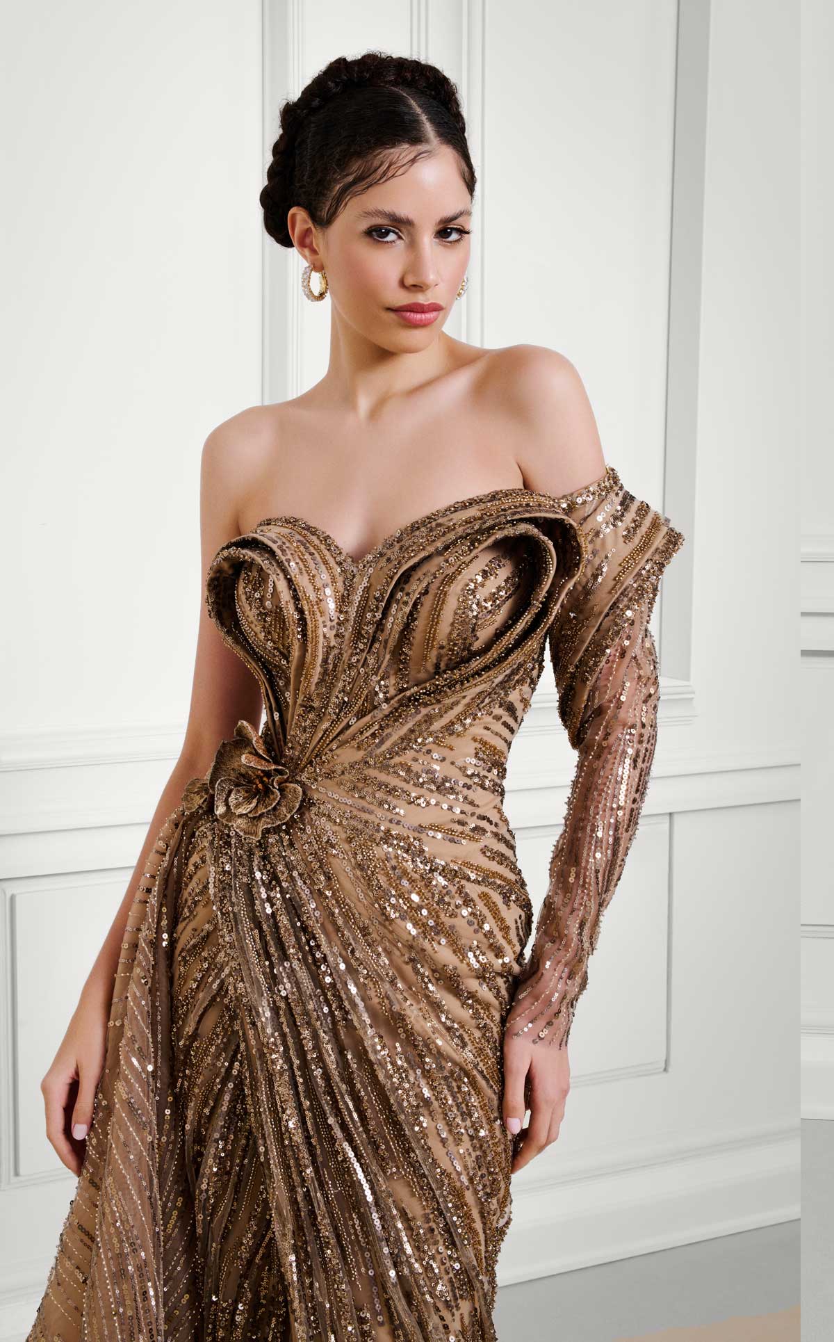 Gold Sequin Gown with Floral Waist Detail Where to buy F02897B