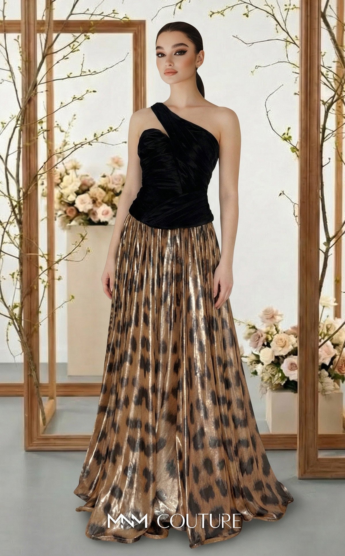 Fouad Sarkis F02953A: Tiger Velvet & Chiffon Asymmetrical Gown