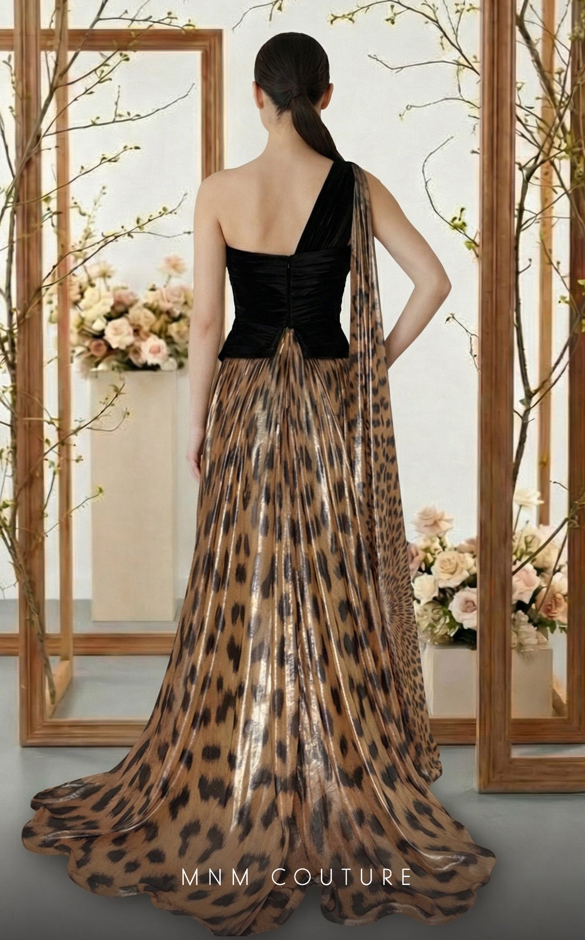 Fouad Sarkis F02953A: Tiger Velvet & Chiffon Asymmetrical Gown