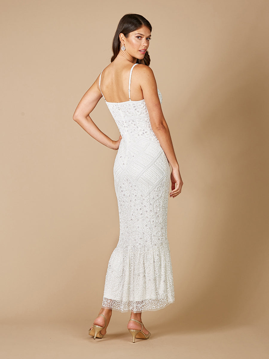 Fae V-Neck Spaghetti Strap Wedding Gown with Flounce Hemline 51093