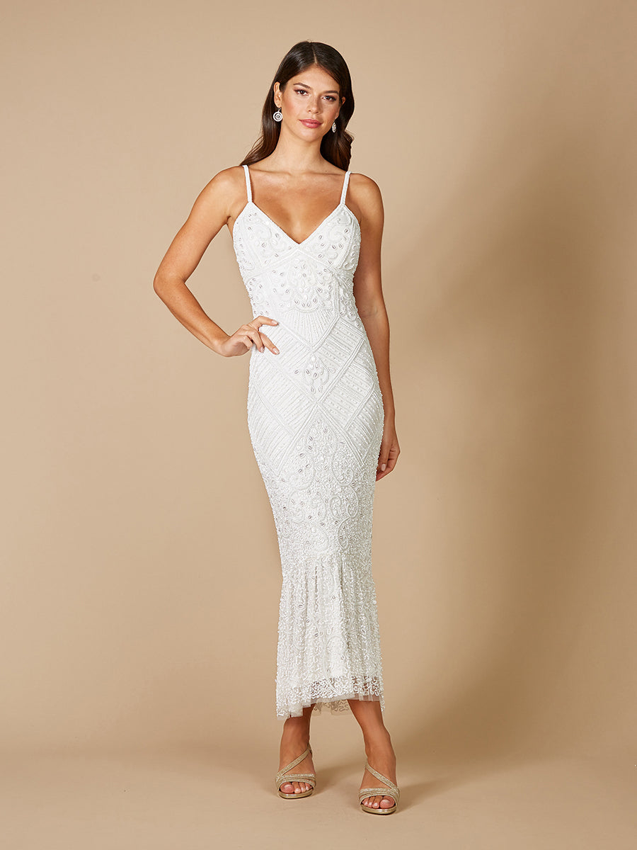 Fae V-Neck Spaghetti Strap Wedding Gown with Flounce Hemline 51093