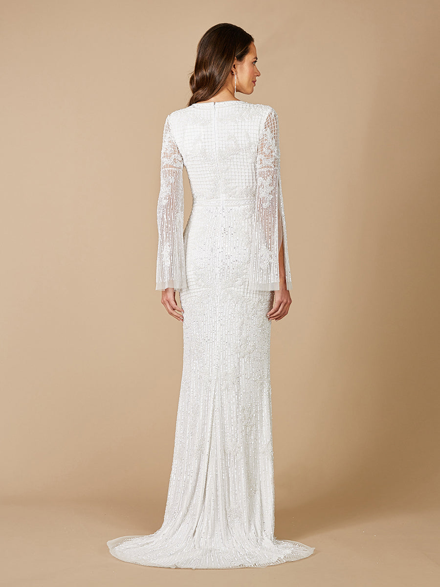 Fallon Long Sleeve Beaded Wedding Gown with V-Neck & Slit 51085