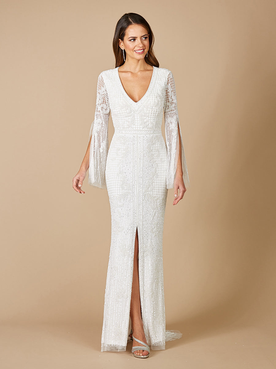 Fallon Long Sleeve Beaded Wedding Gown with V-Neck & Slit 51085