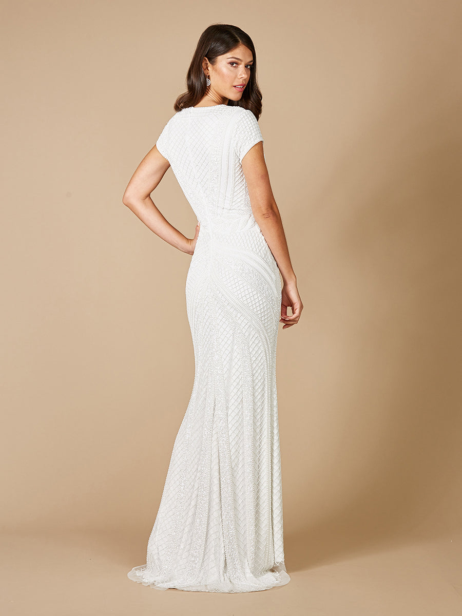 Flavia Fitted Beaded Wedding Gown with Short Sleeves 51082