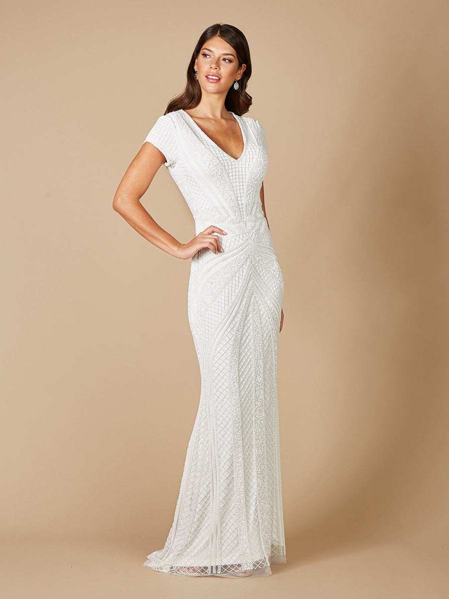 Flavia Fitted Beaded Wedding Gown with Short Sleeves 51082