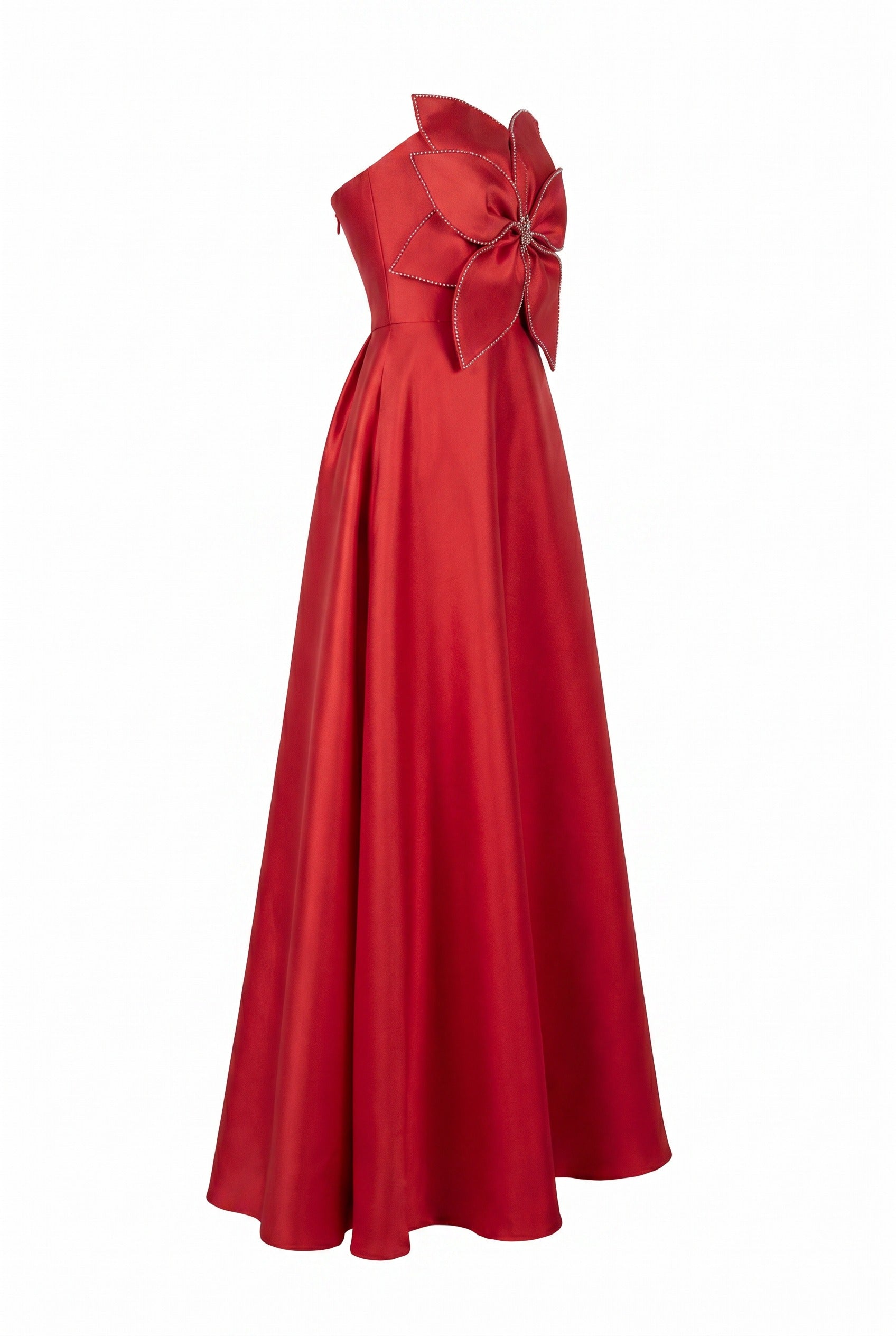Floral Appliqué Strapless Red Ball Gown