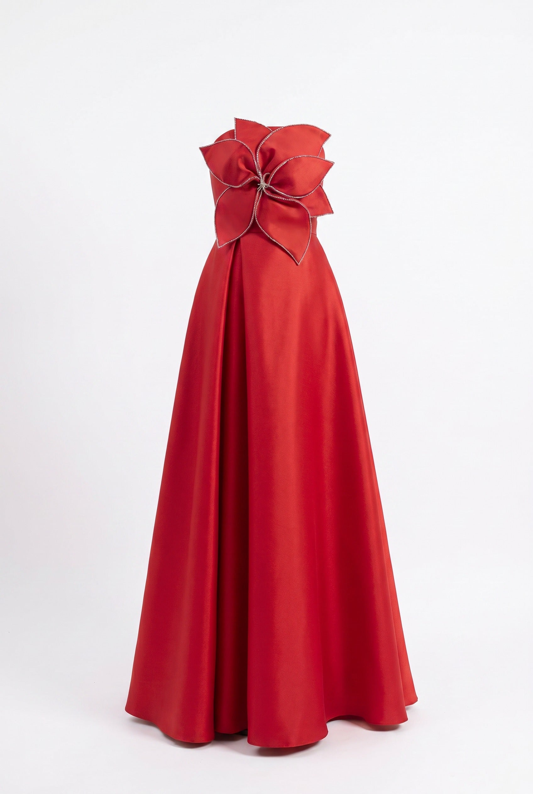Floral Appliqué Strapless Red Ball Gown