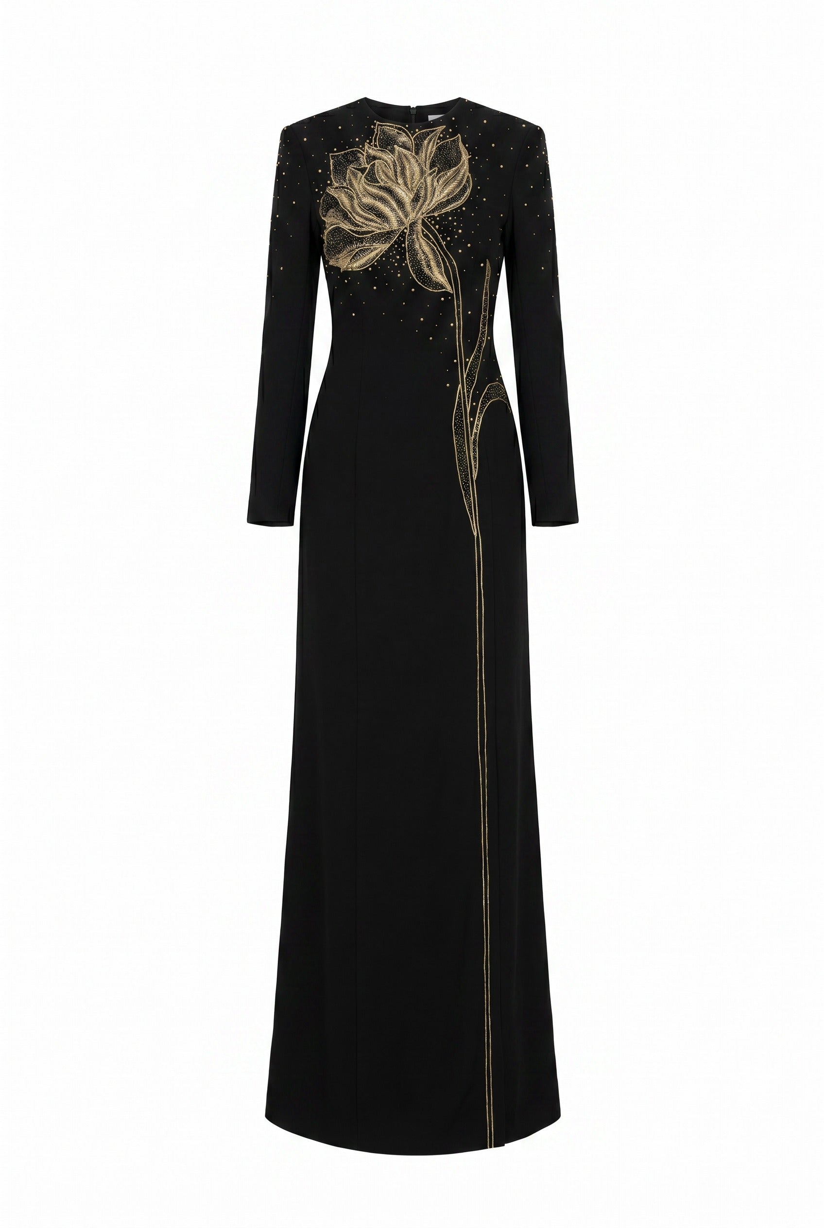 Floral Embellished Black Column Maxi Gown