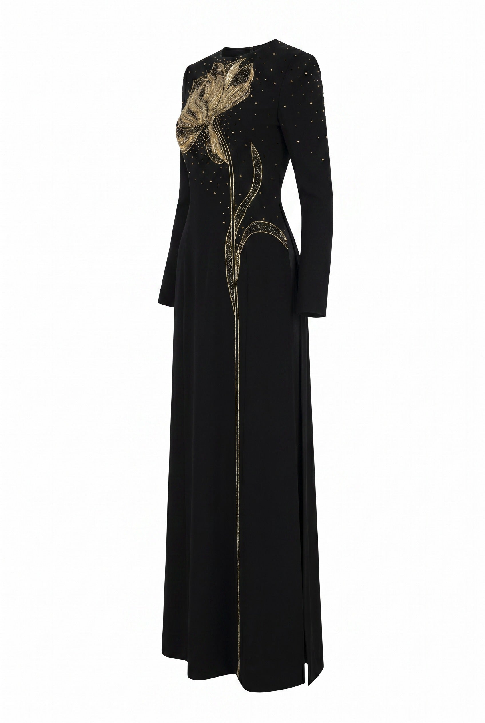 Floral Embellished Black Column Maxi Gown