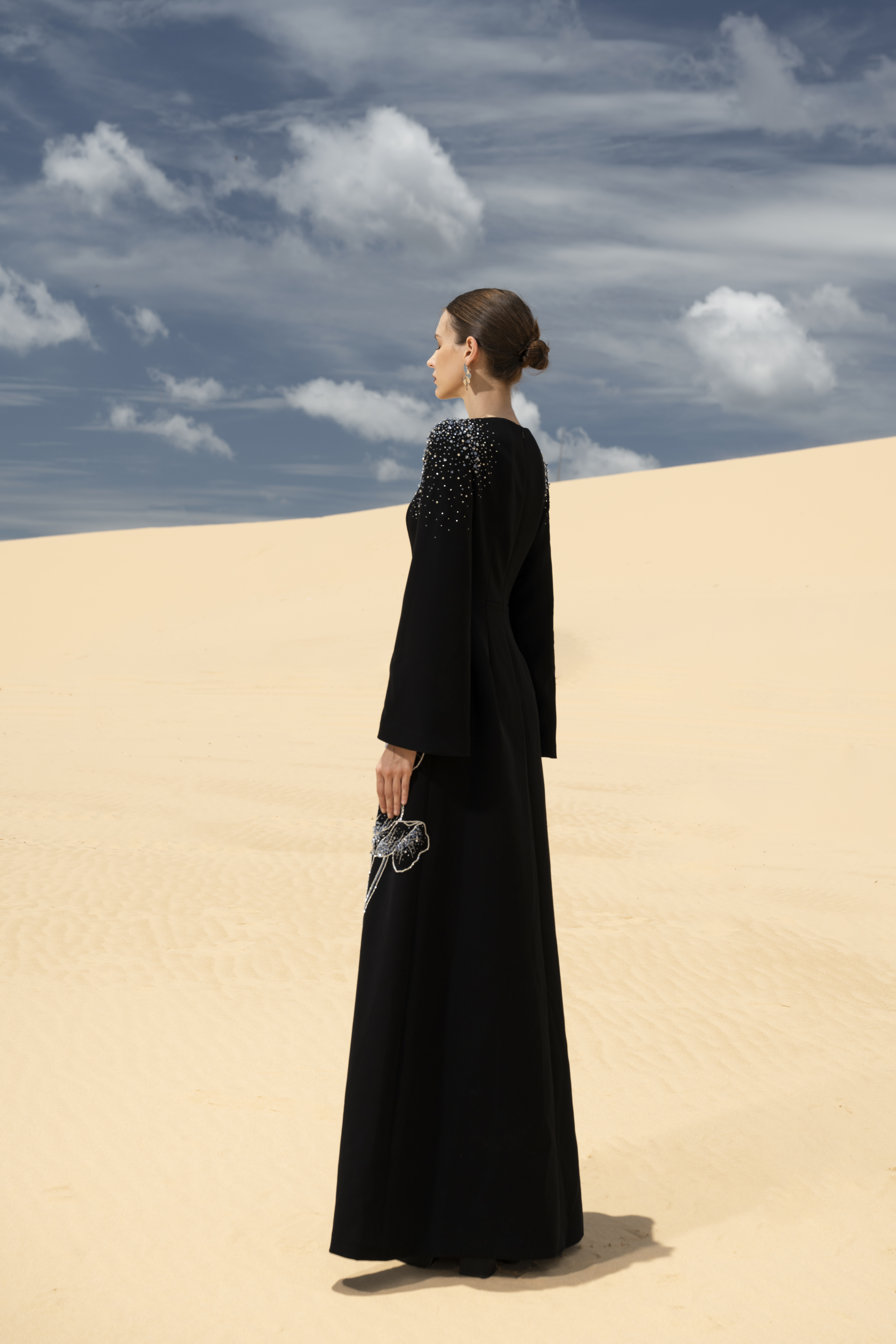 Floral Embellished Black Flared Sleeve Maxi Gown