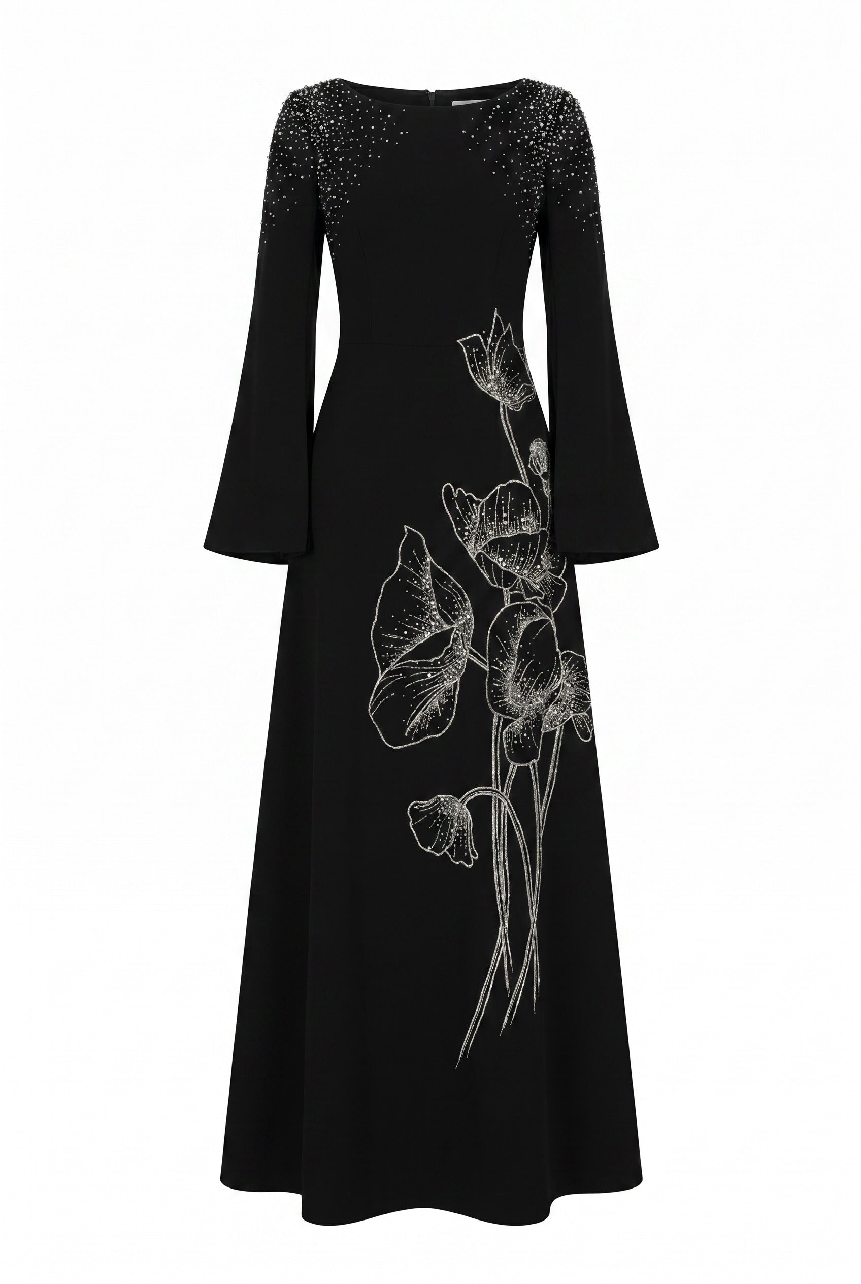 Floral Embellished Black Flared Sleeve Maxi Gown