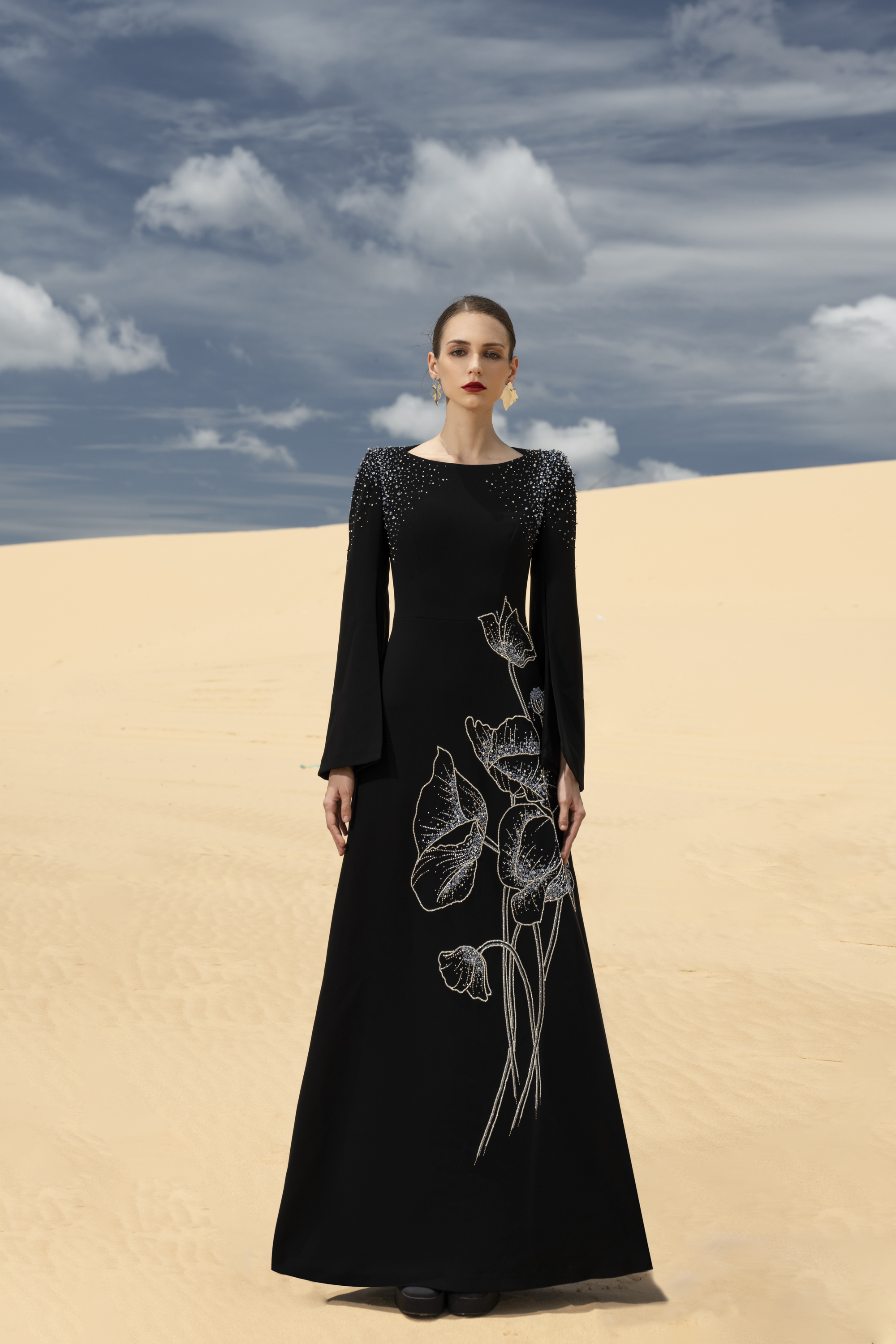 Floral Embellished Black Flared Sleeve Maxi Gown