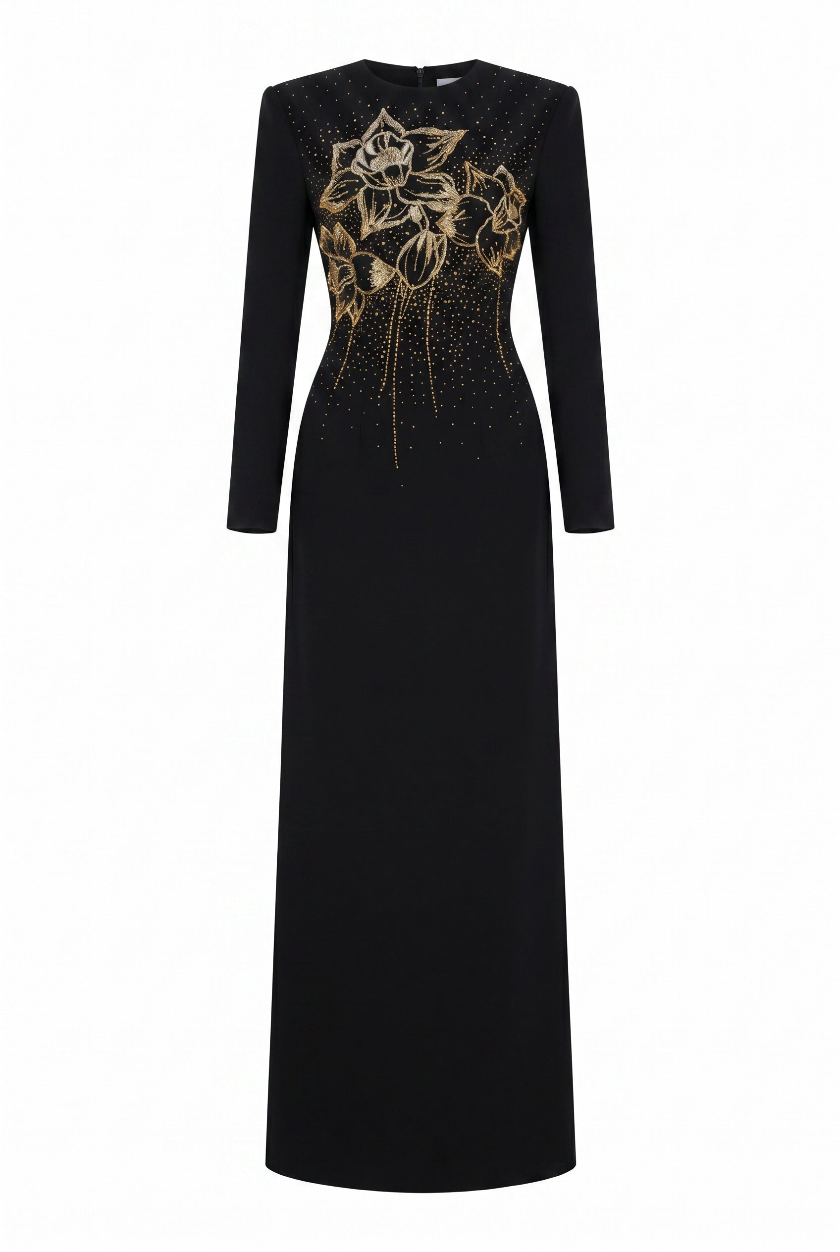 Floral Embellished Black Structured Maxi Gown
